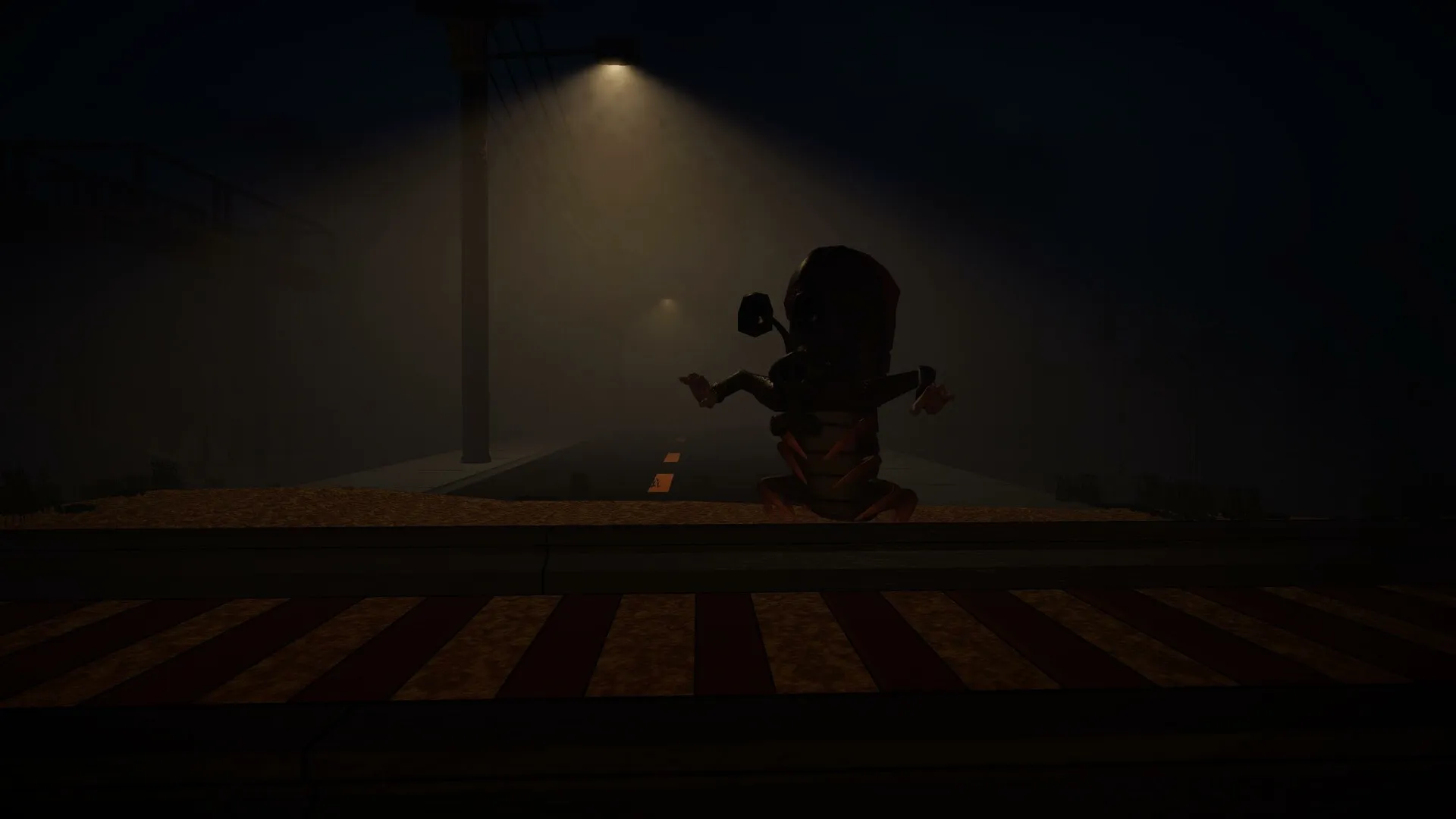 Scary Ferry: Dark road with eerie creature sitting under streetlight in foggy nighttime setting