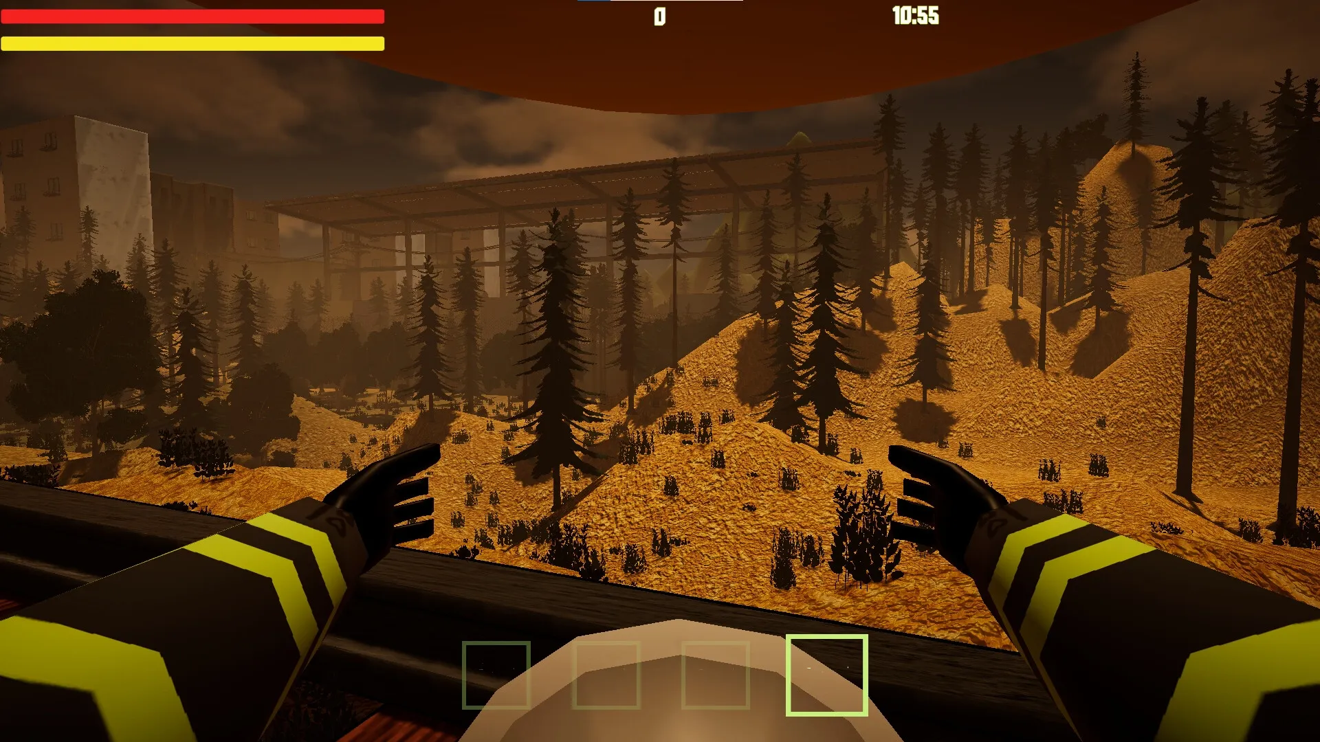 Scary Ferry: First-person view of forested hills, with health bar and timer on screen