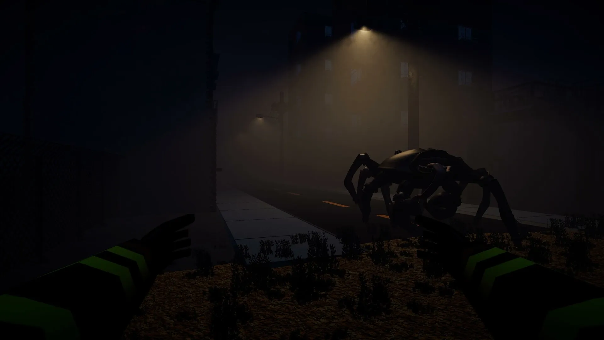Scary Ferry: Character encounters giant spider monster on dark, foggy street under streetlights.