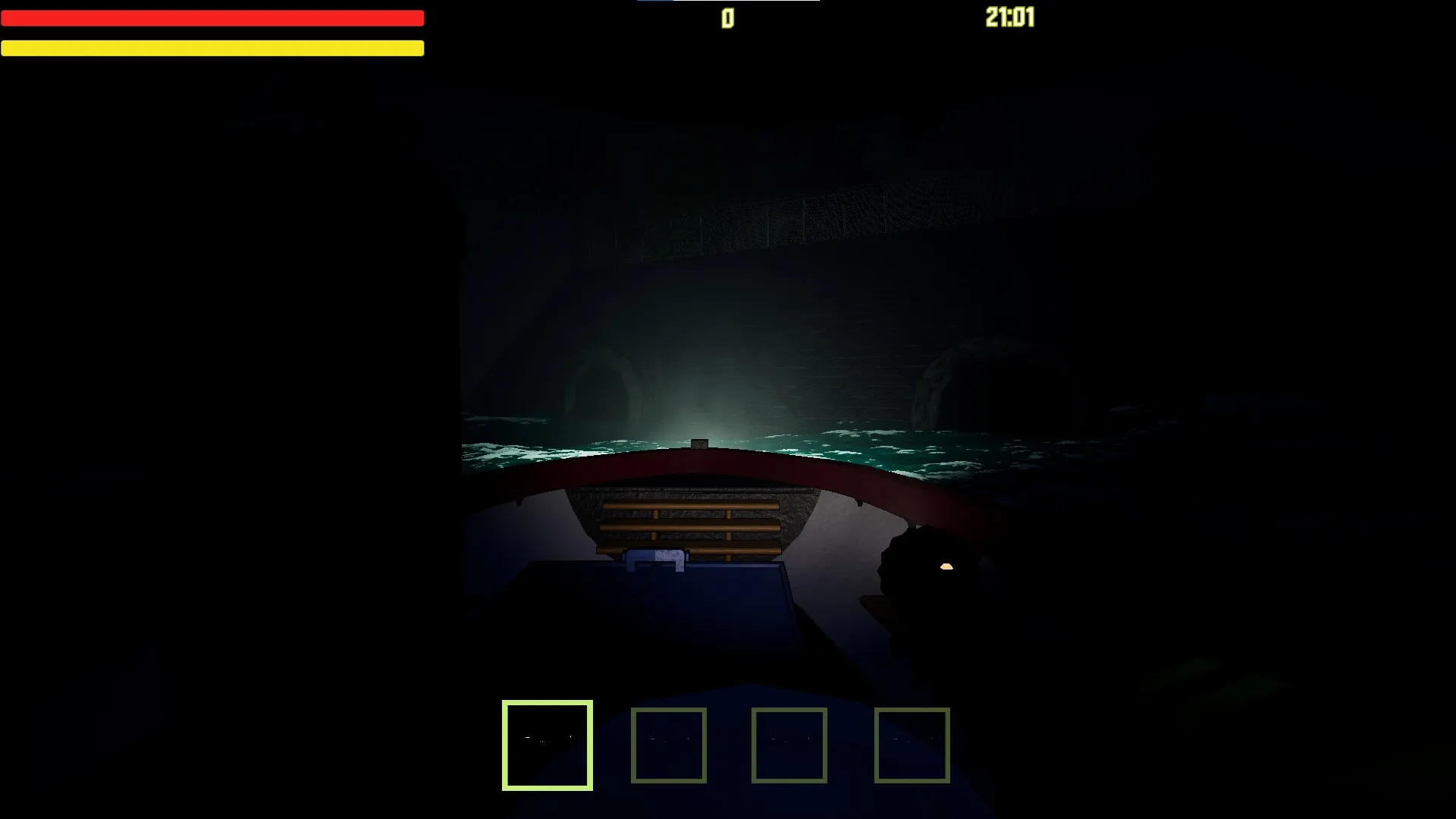 Scary Ferry: Player navigates a boat through dark tunnels with health bar and inventory slots visible