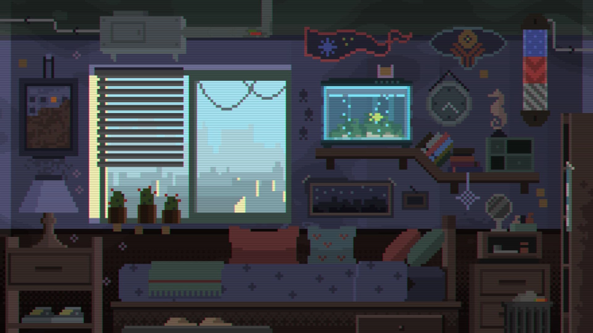 Scenic: Bedroom puzzle view with window blinds, fish tank, shelves, and bed in pixel-art room.