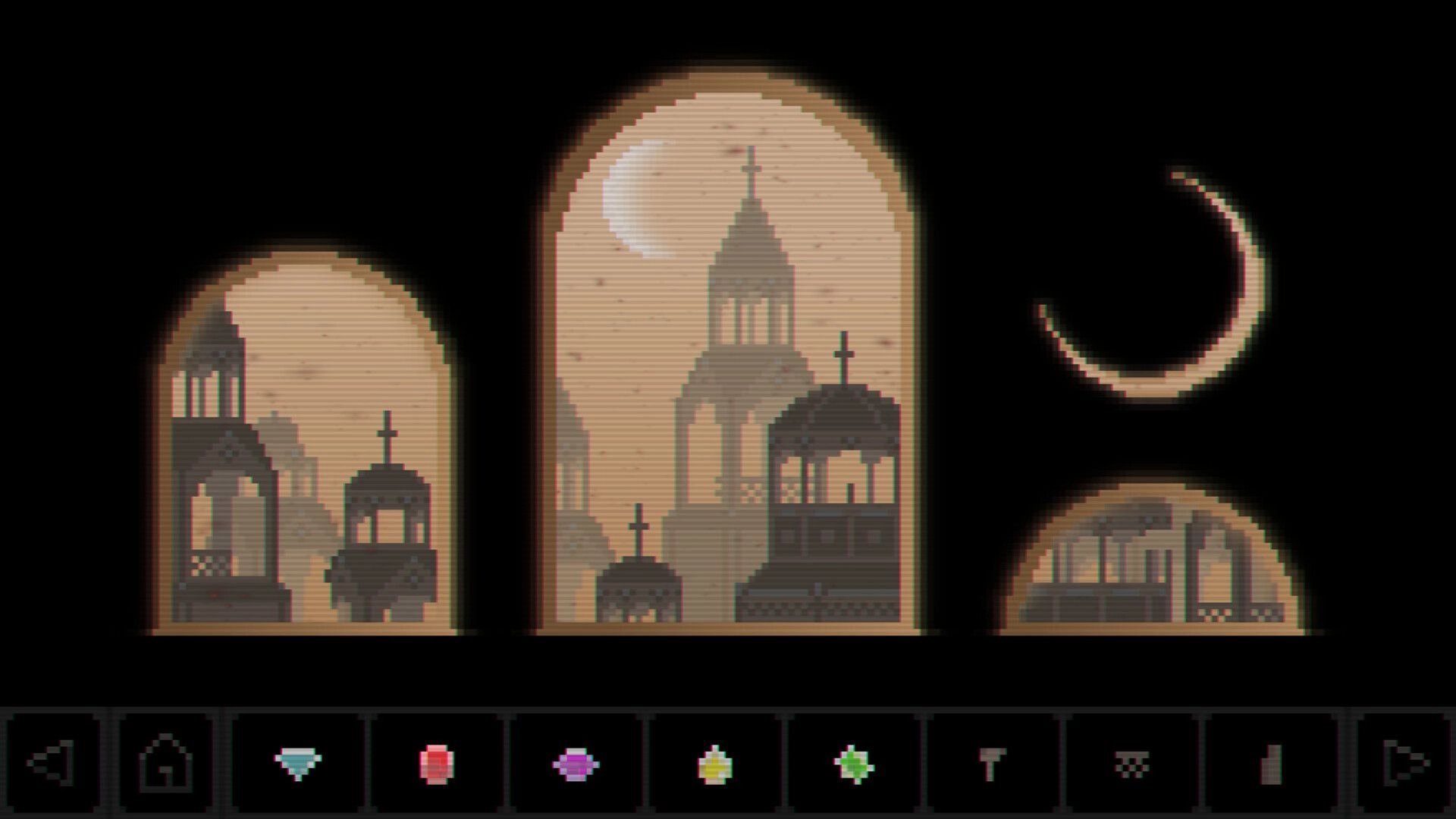 Scenic: Pixel-art stained glass windows and crescent moon above, with inventory icons along bottom.