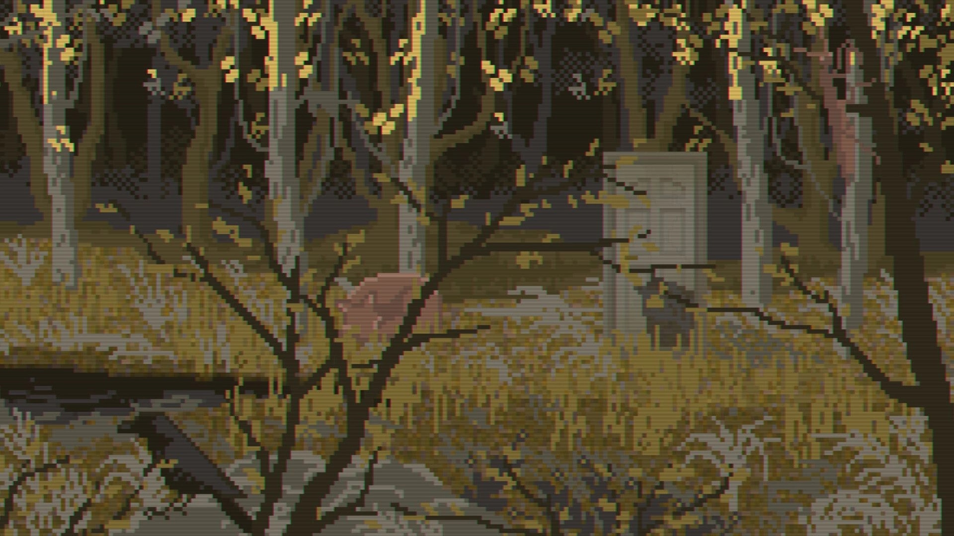 Scenic: White doorway standing alone among birch trees and tall grass in a pixel-art forest clearing.