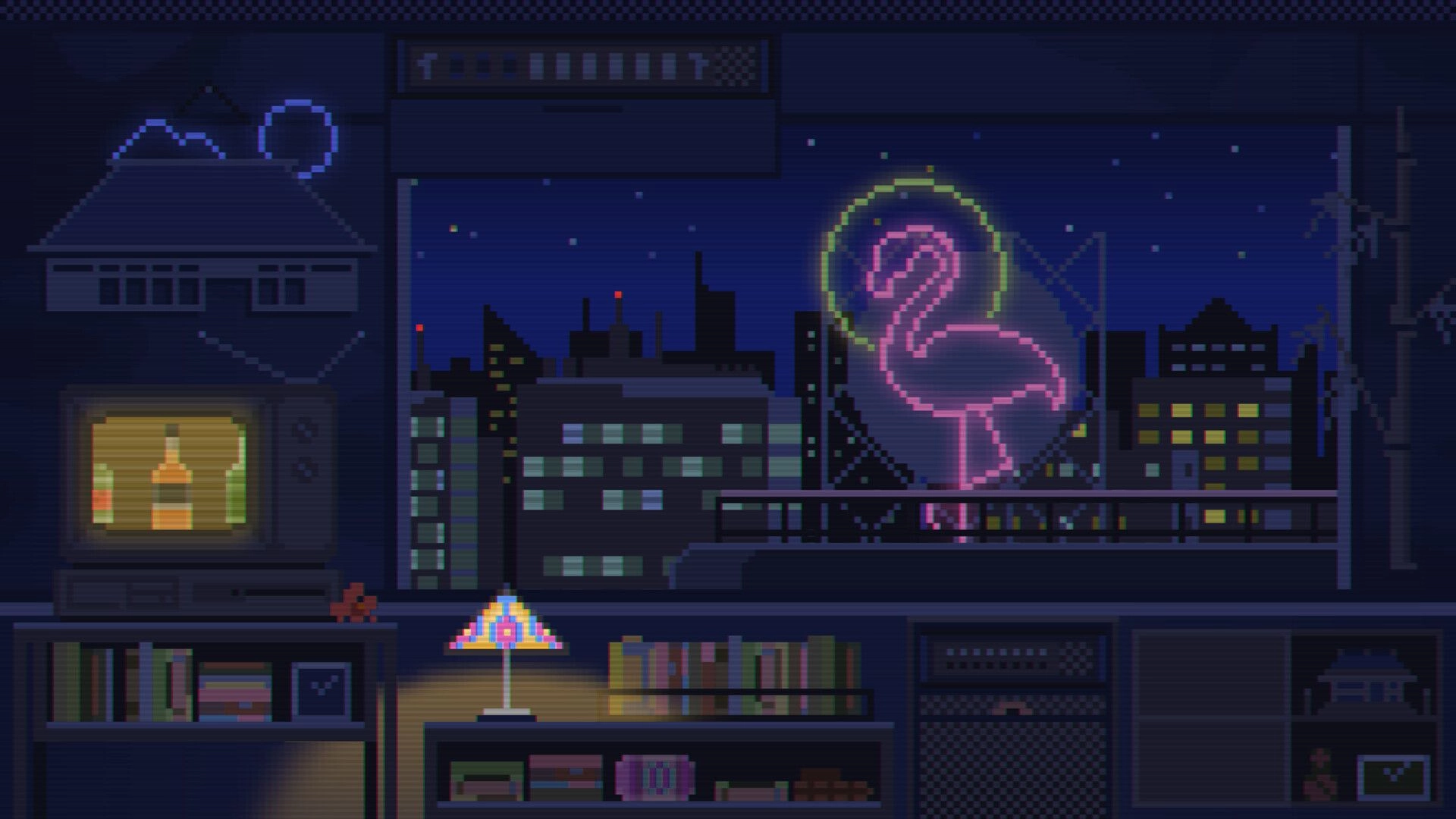 Scenic: Neon flamingo sign and city skyline view from a dim apartment with shelves and TV.