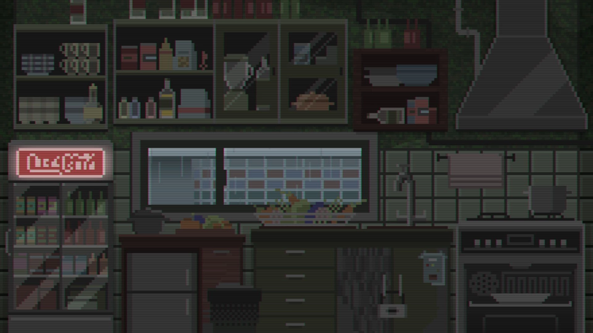 Scenic: Pixel-art kitchen counter with dishes, cabinets, and a lit exit sign in dim interior.
