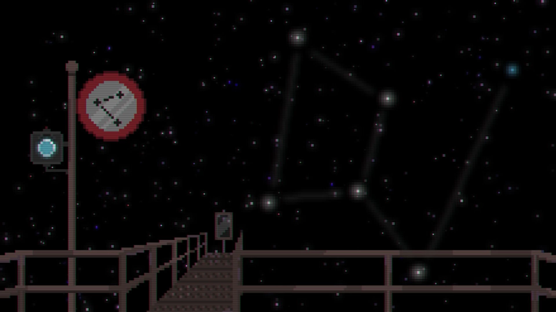 Scenic: Empty walkway with railings and a red clock sign under a starry sky with faint constellations.