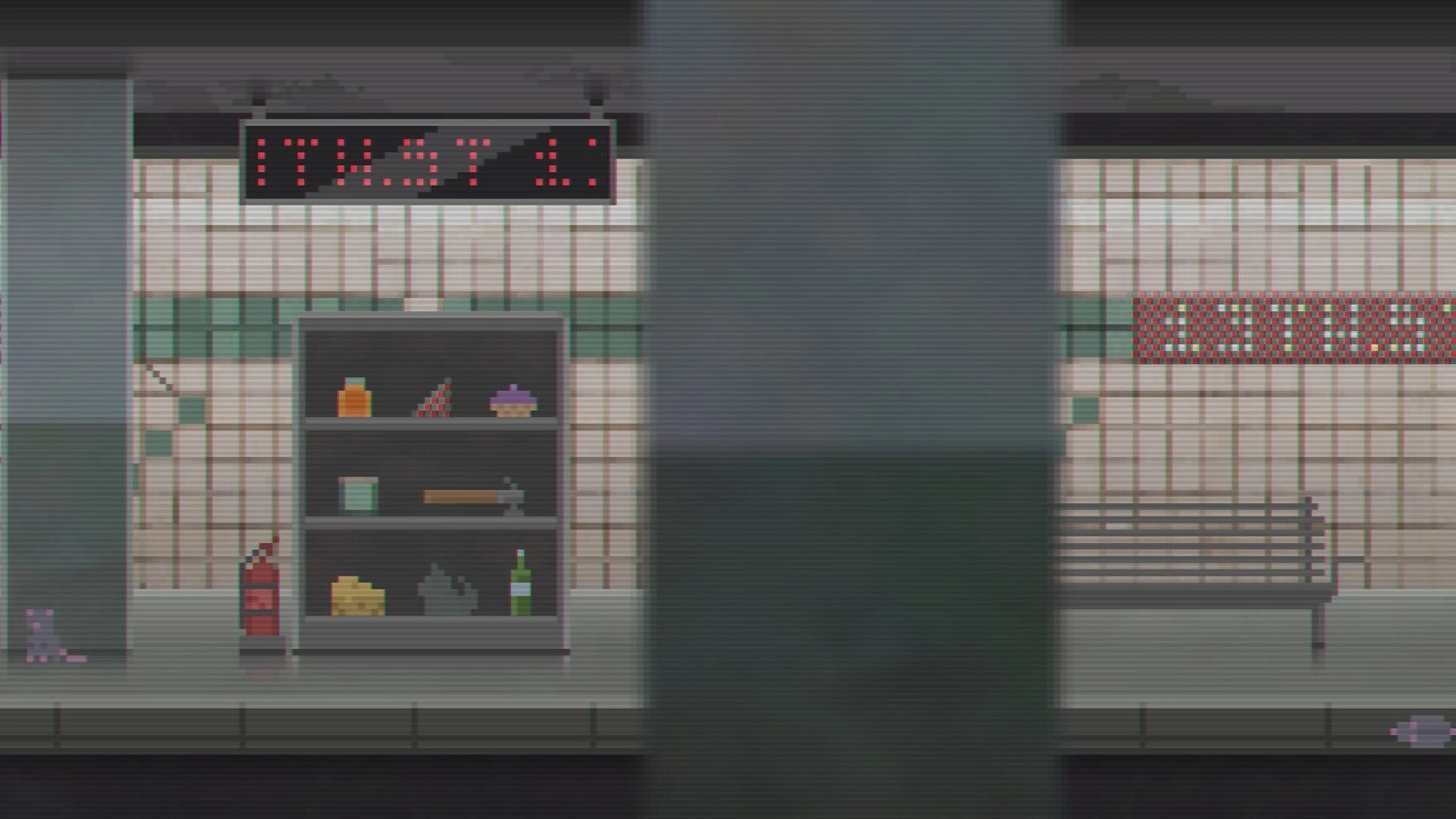 Scenic: Empty subway platform with shelf of items and fire extinguisher beneath a pixel sign.