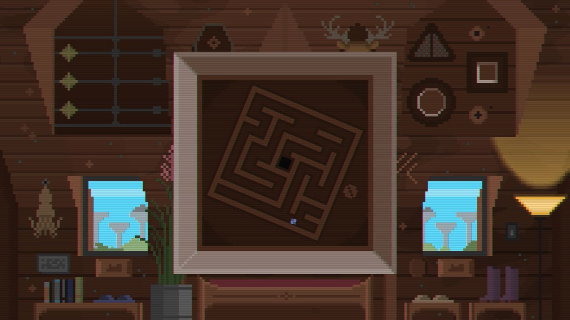 Scenic: Rotating maze tile puzzle panel centered in a cozy wooden cabin room with windows.