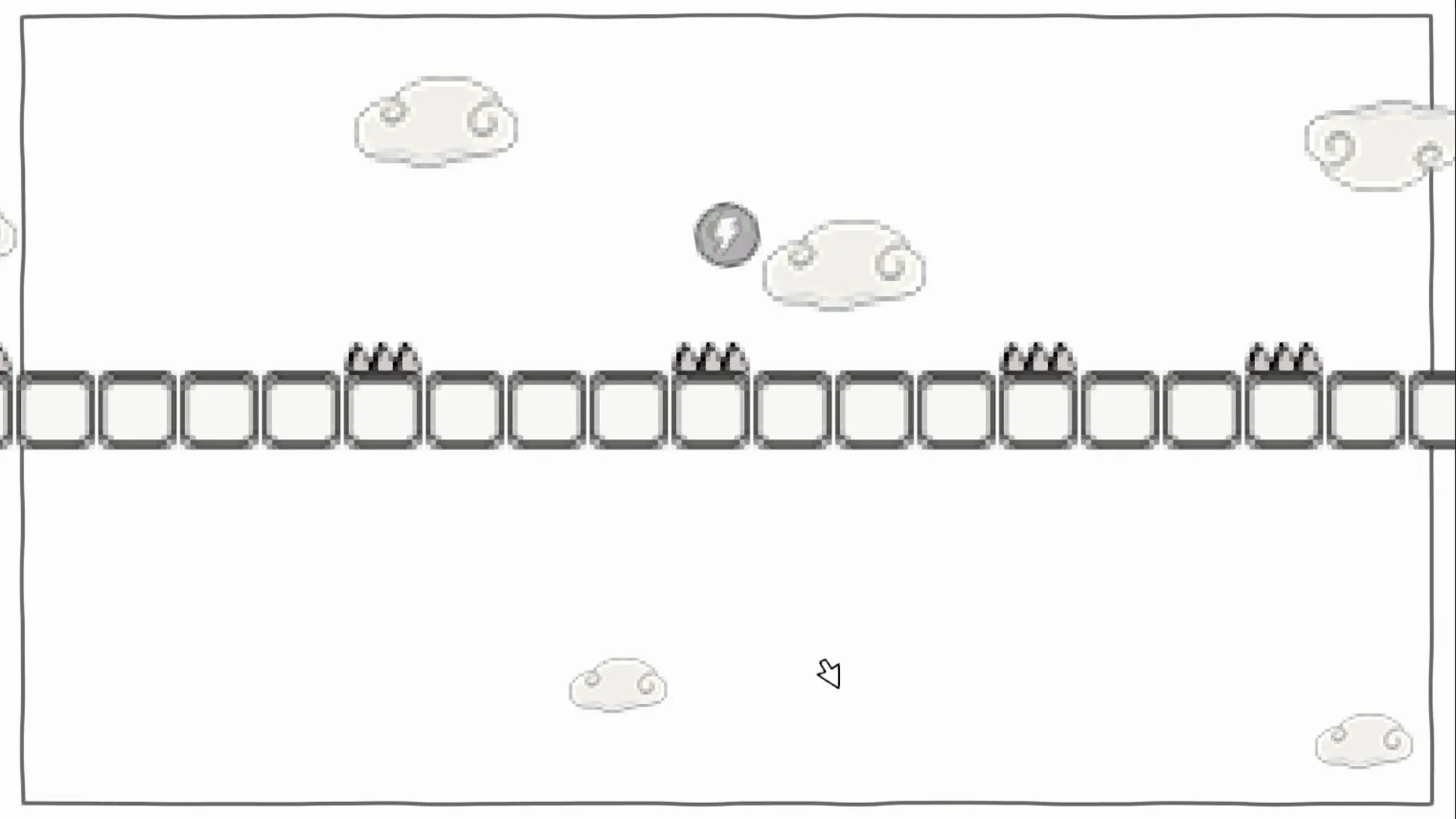Schematic Void: Player navigates floating platform with spikes, surrounded by clouds in minimalistic style.