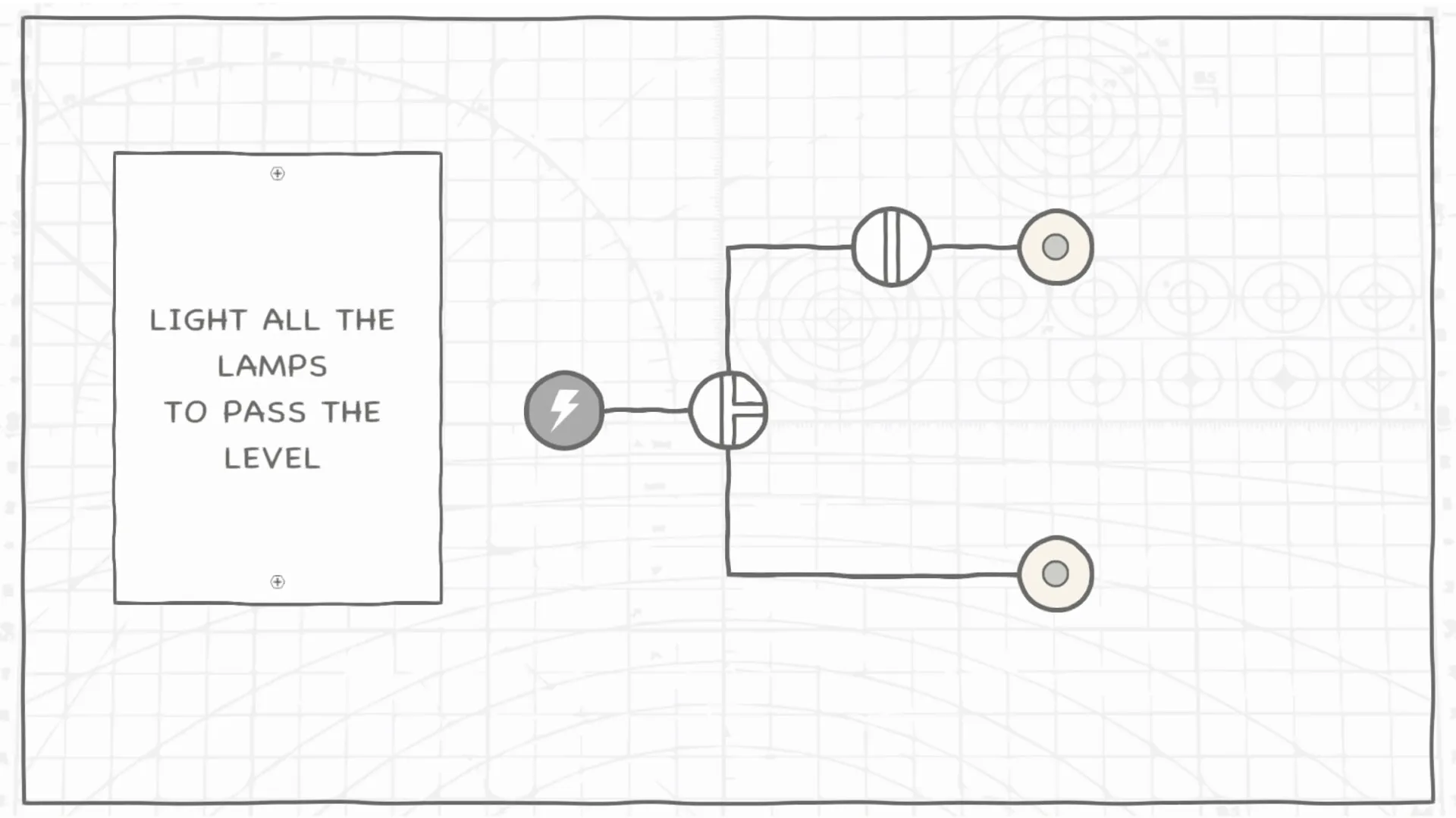 Schematic Void: Circuit puzzle interface with instruction panel to light all lamps on a grid background