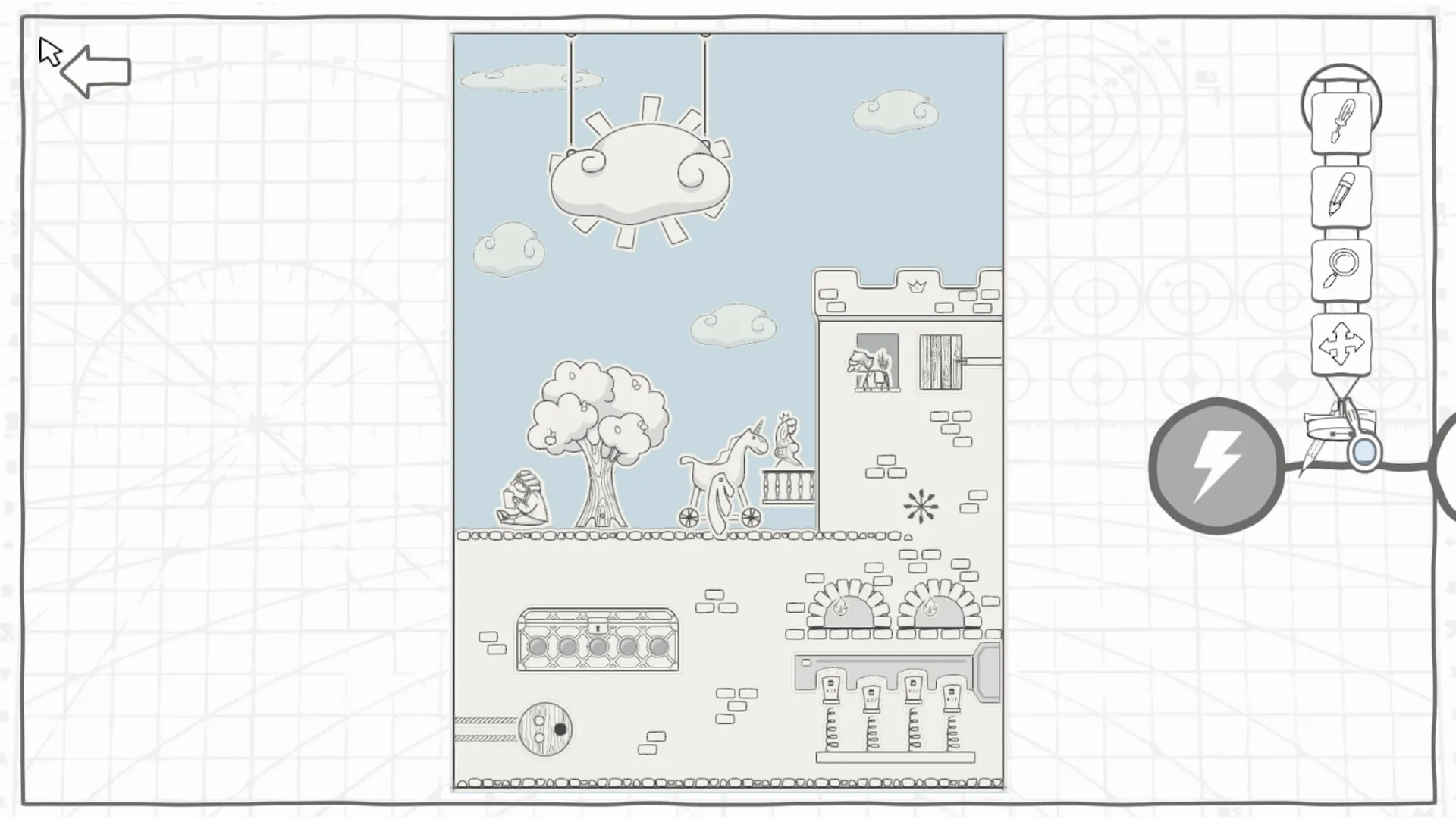 Schematic Void: Side-scrolling puzzle scene with a castle, unicorn, tree, and tool icons on the right.