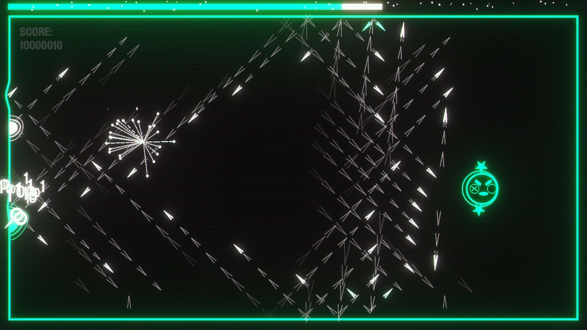 SCHMEKEL: Player coin dodging ricocheting bullets in a neon-outlined arcade arena with score displayed.