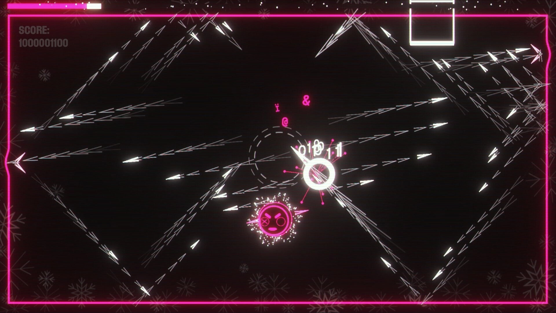 SCHMEKEL: Player coin dodging ricocheting bullets in neon arena with glowing score display