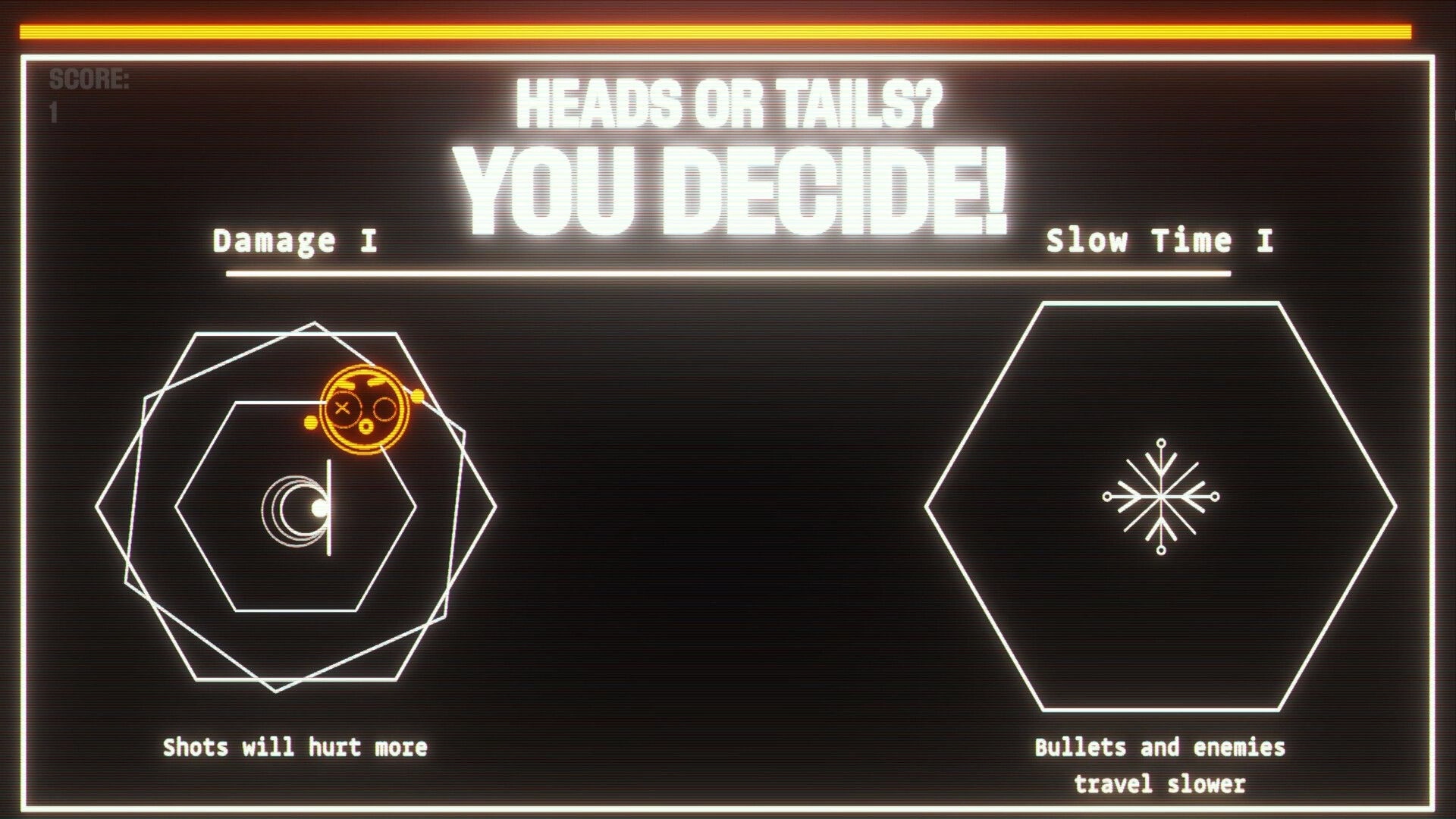 SCHMEKEL: Upgrade selection screen with options for increased damage or slowing bullets and enemies.