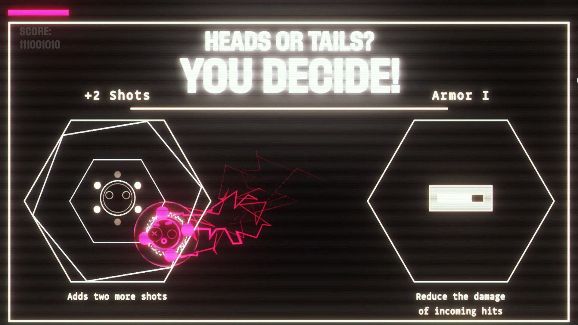 SCHMEKEL: Upgrade choice screen with options for +2 shots or Armor I in a retro arcade interface.