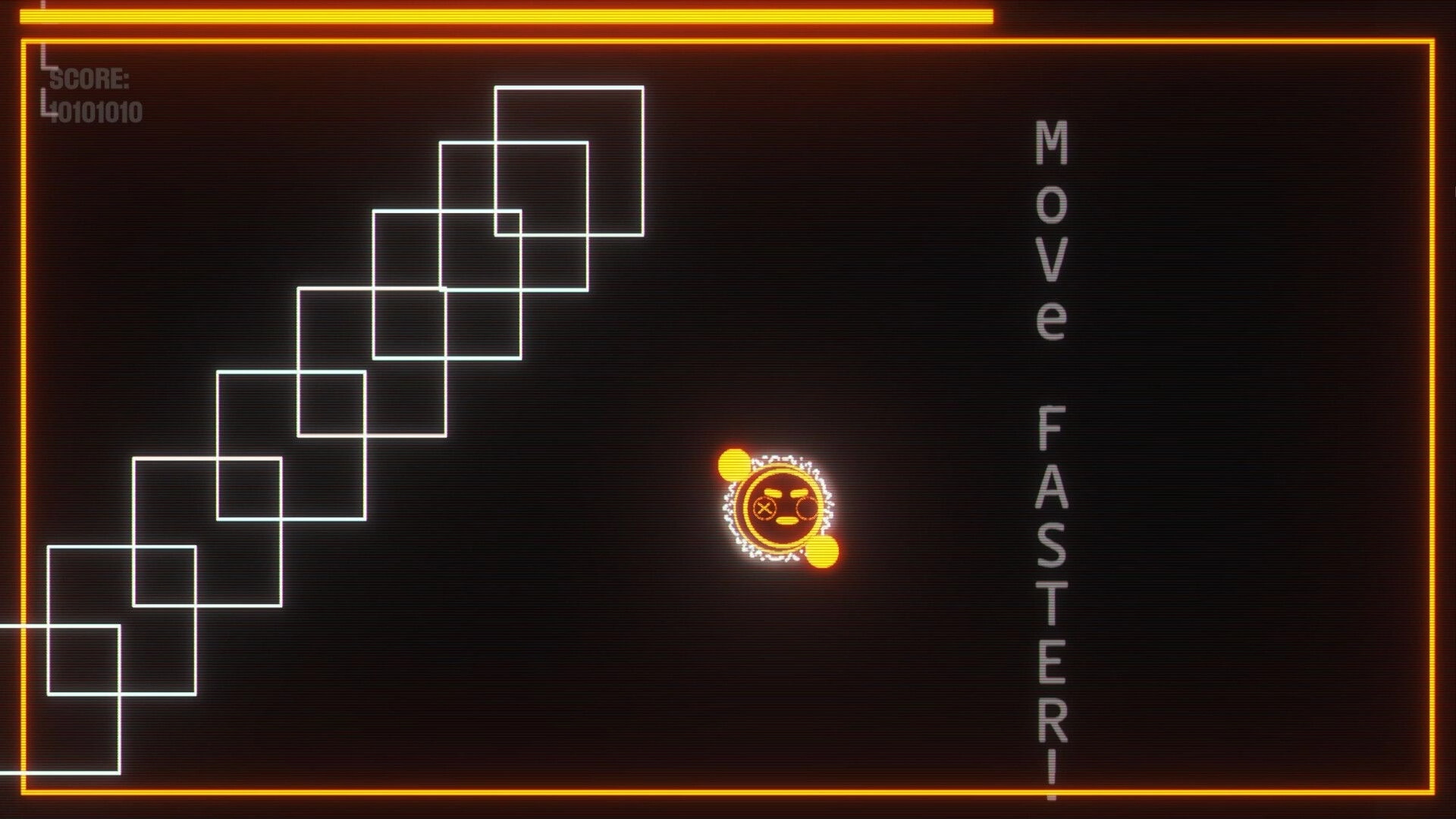 SCHMEKEL: Glowing coin dodges geometric shapes in neon arena with score 10101010 and "MOVE FASTER!" message.