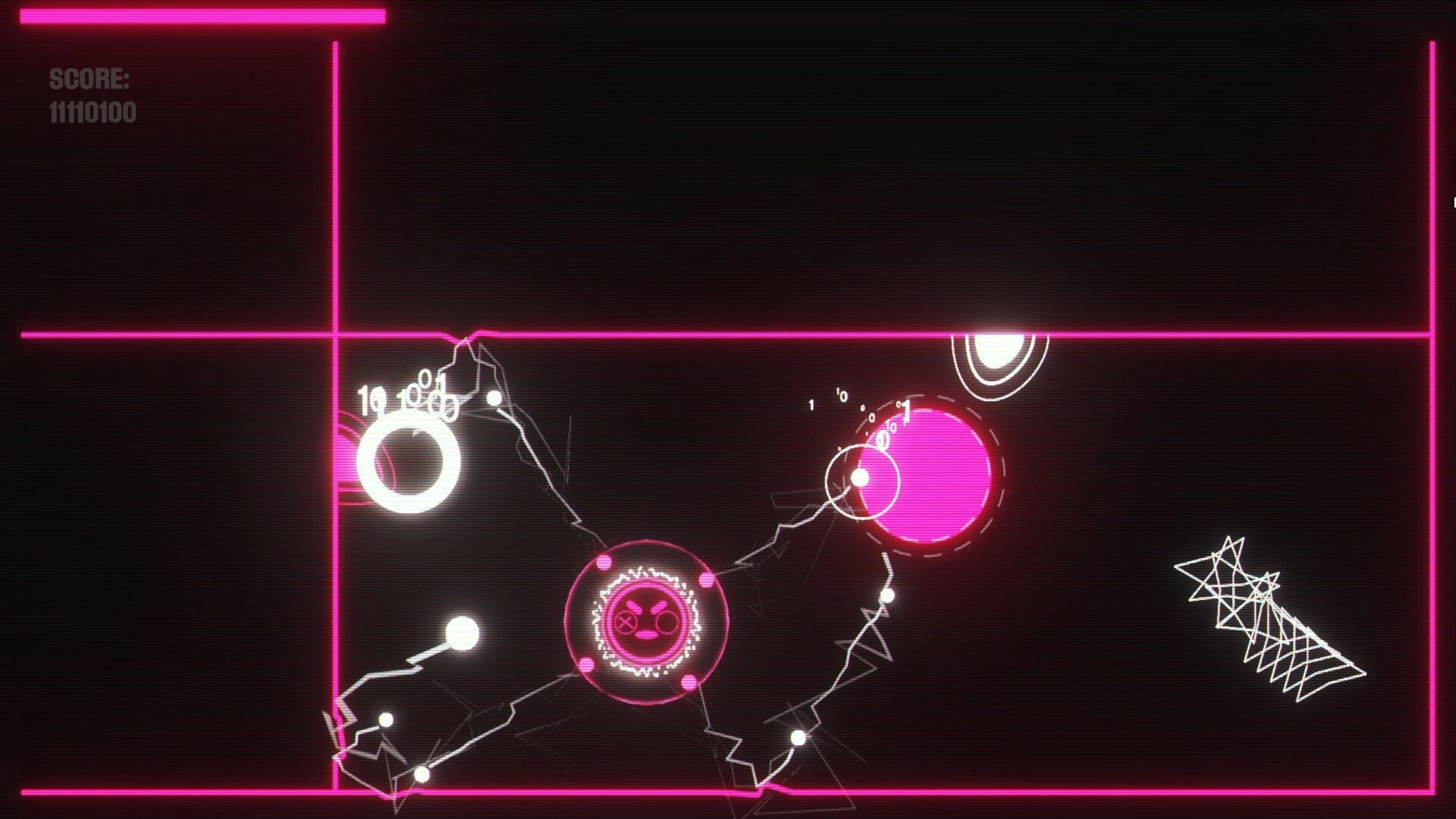 SCHMEKEL: Player coin dodges ricocheting bullets and geometric enemies in neon-bordered arena.