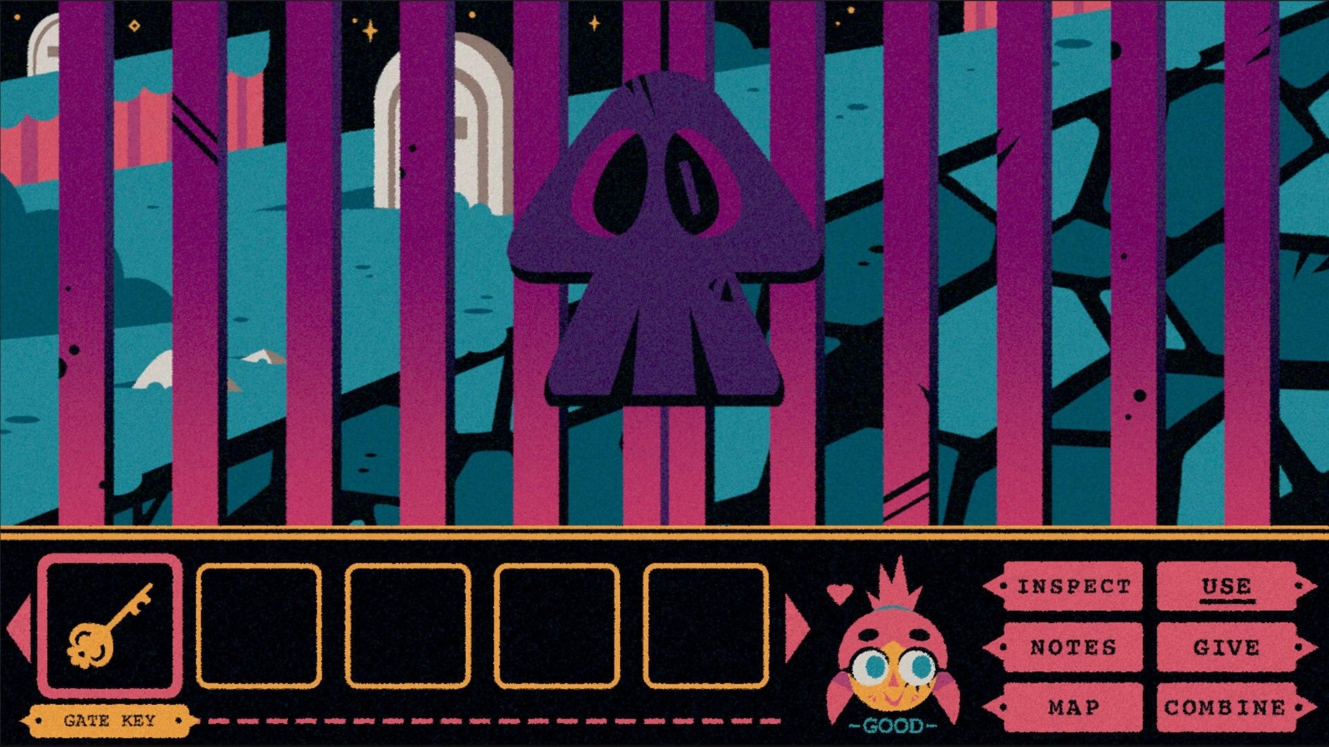School Night Seance: Inventory menu with gate key visible; eerie forest beyond purple bars.