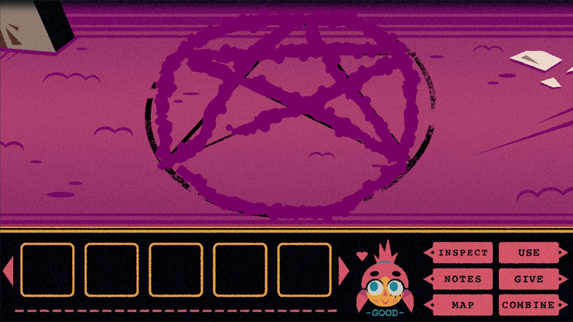 School Night Seance: Pentagram drawn on floor with inventory and action menu in haunted mansion room.