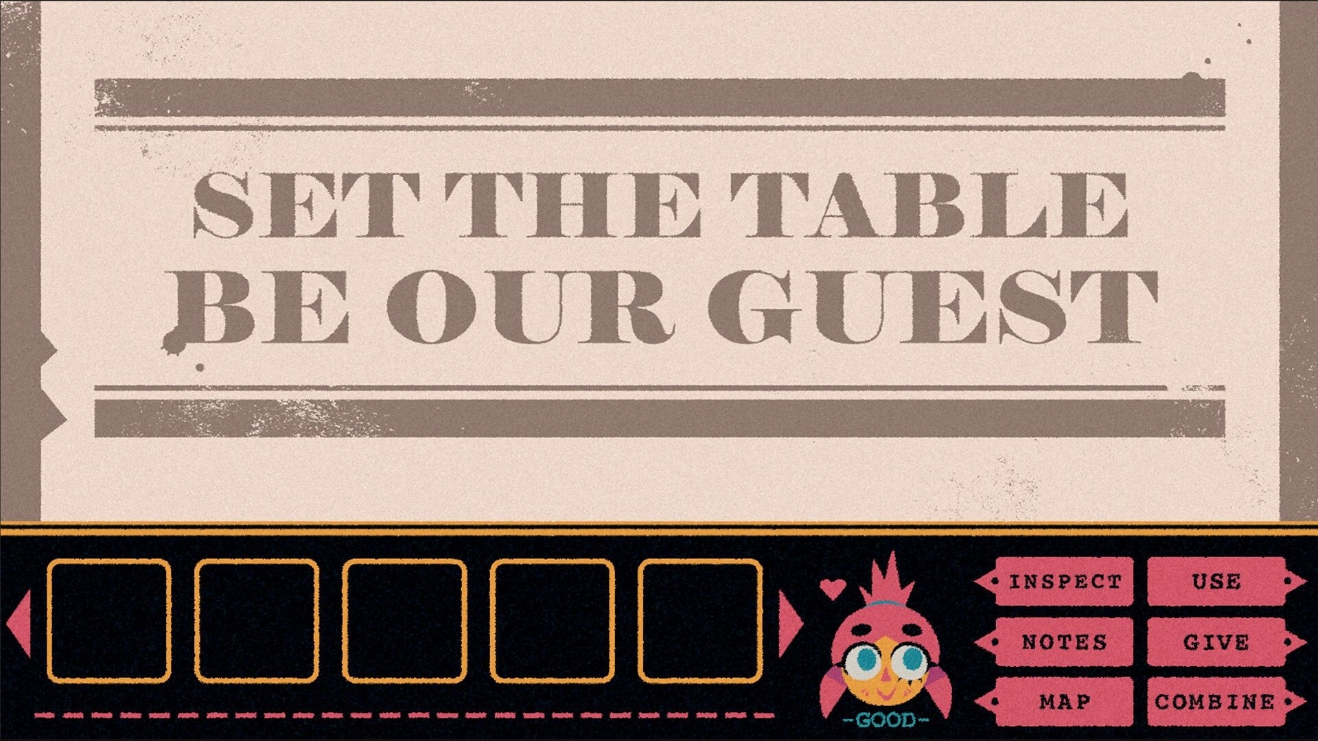 School Night Seance: Puzzle screen with "Set the Table" prompt and interactive menu options at bottom.