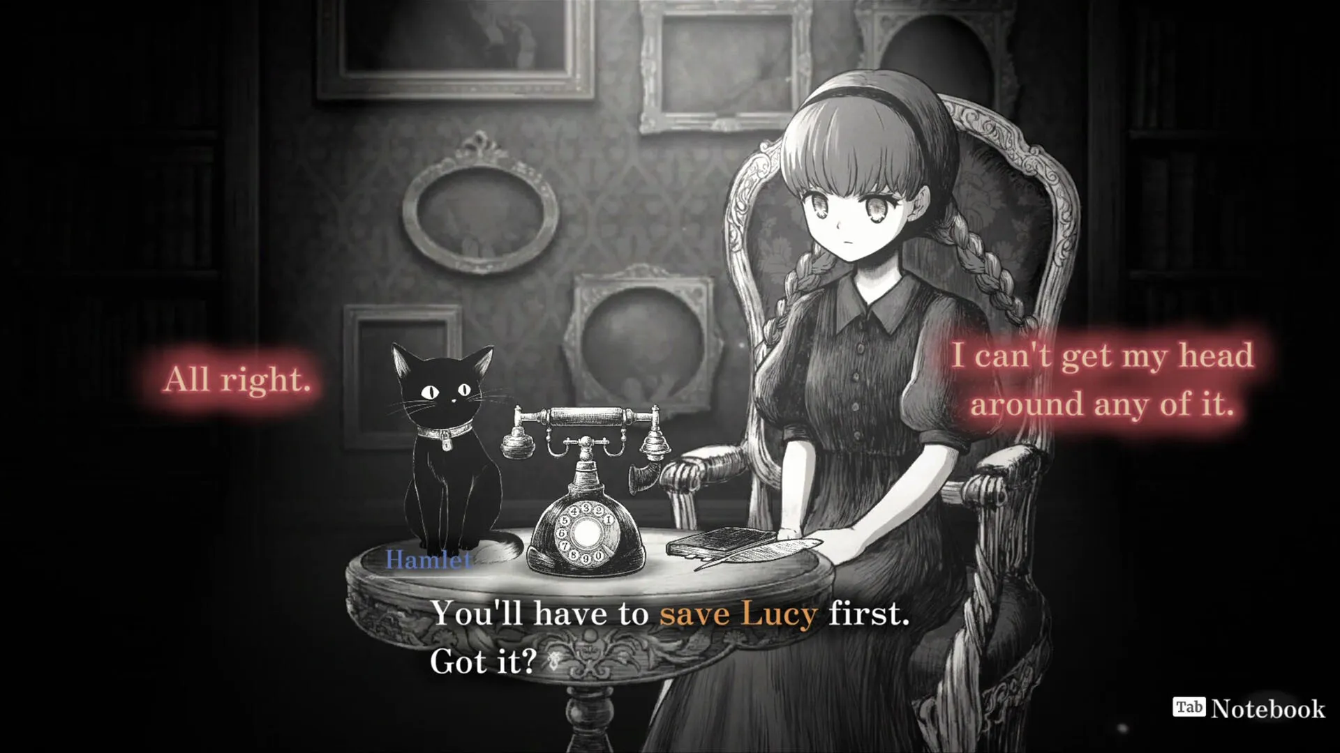 Schrödinger's Call: Mary seated with a black cat beside an old phone in a dimly lit vintage room.