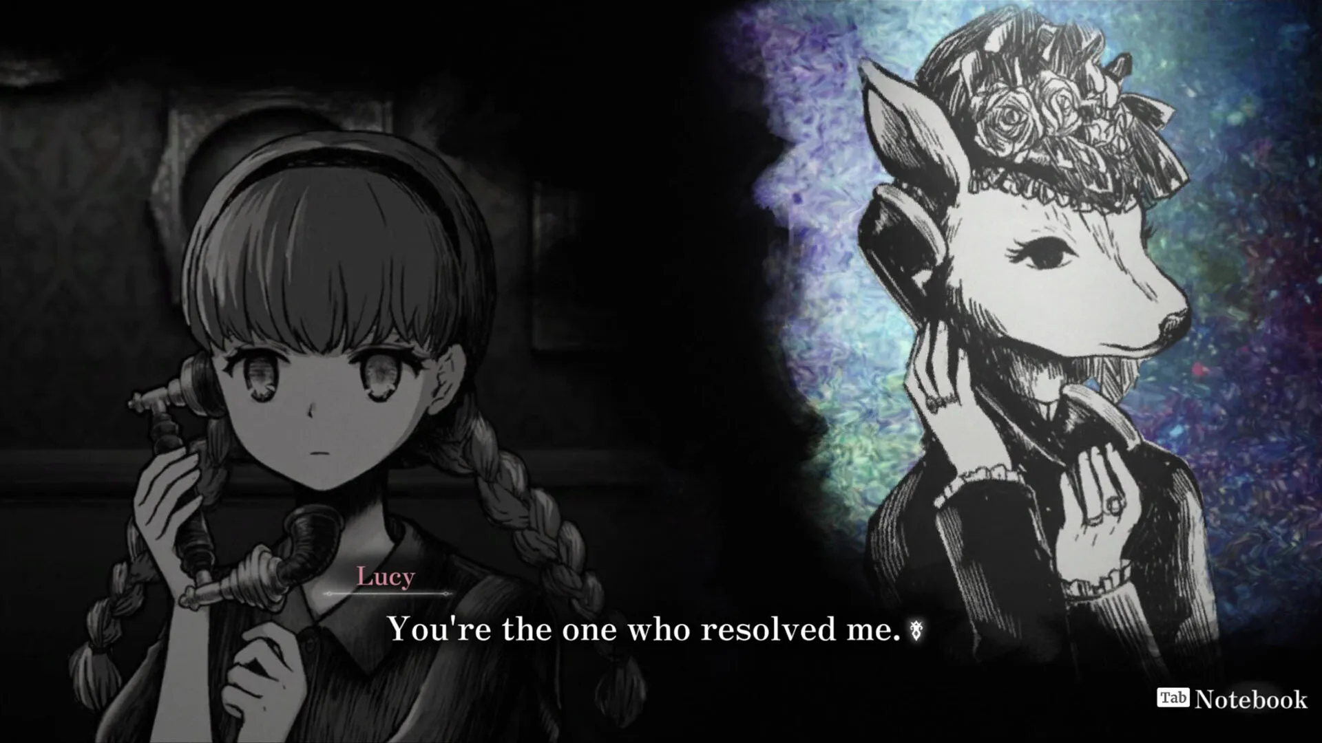 Schrödinger's Call: Mary converses with a deer-headed figure in a mysterious, darkened setting.