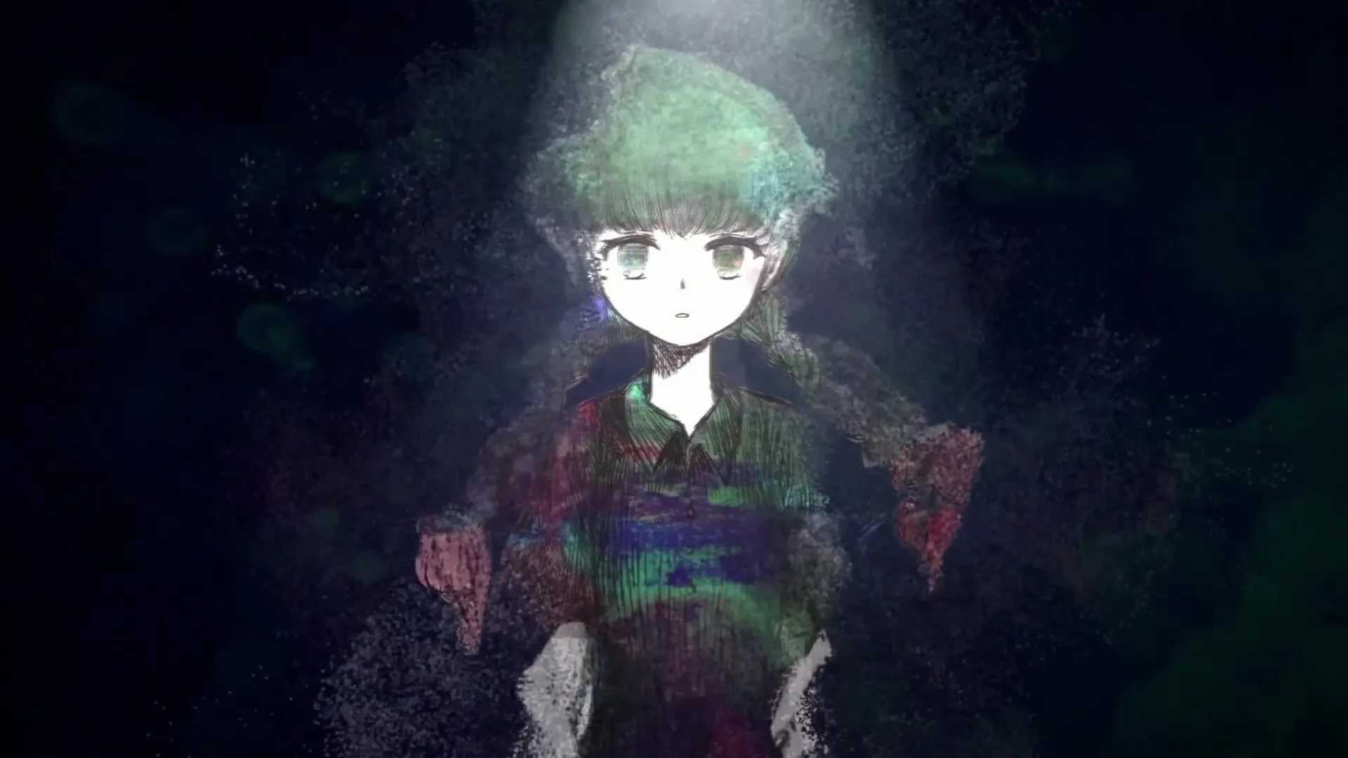 Schrödinger's Call: Mary stands illuminated in a dark, ethereal space with a textured, artistic effect.