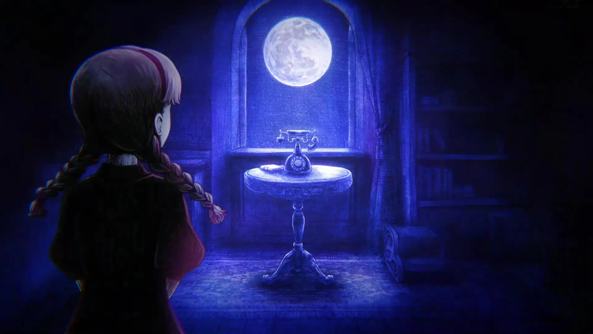 Schrödinger's Call: Mary facing a vintage phone on a table under moonlight in a dimly lit room