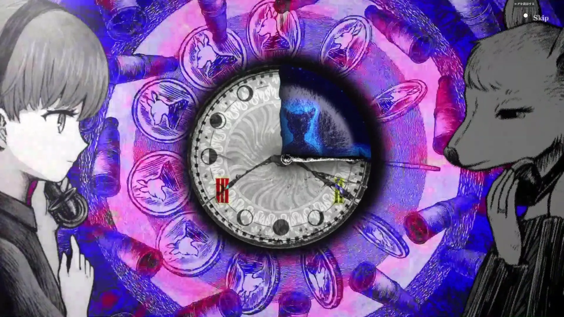Schrödinger's Call: Mary holding phone beside surreal clock with animal coins in vibrant colors
