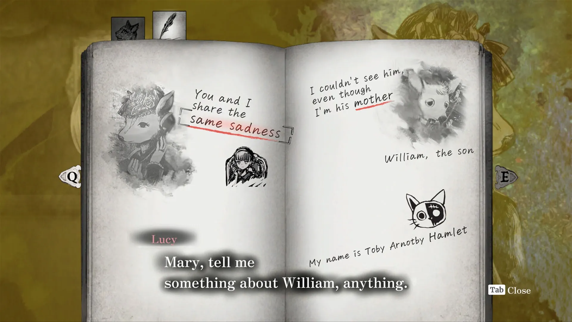 Schrödinger's Call: Open journal with sketches, text, and dialogue from Lucy, highlighting sadness theme