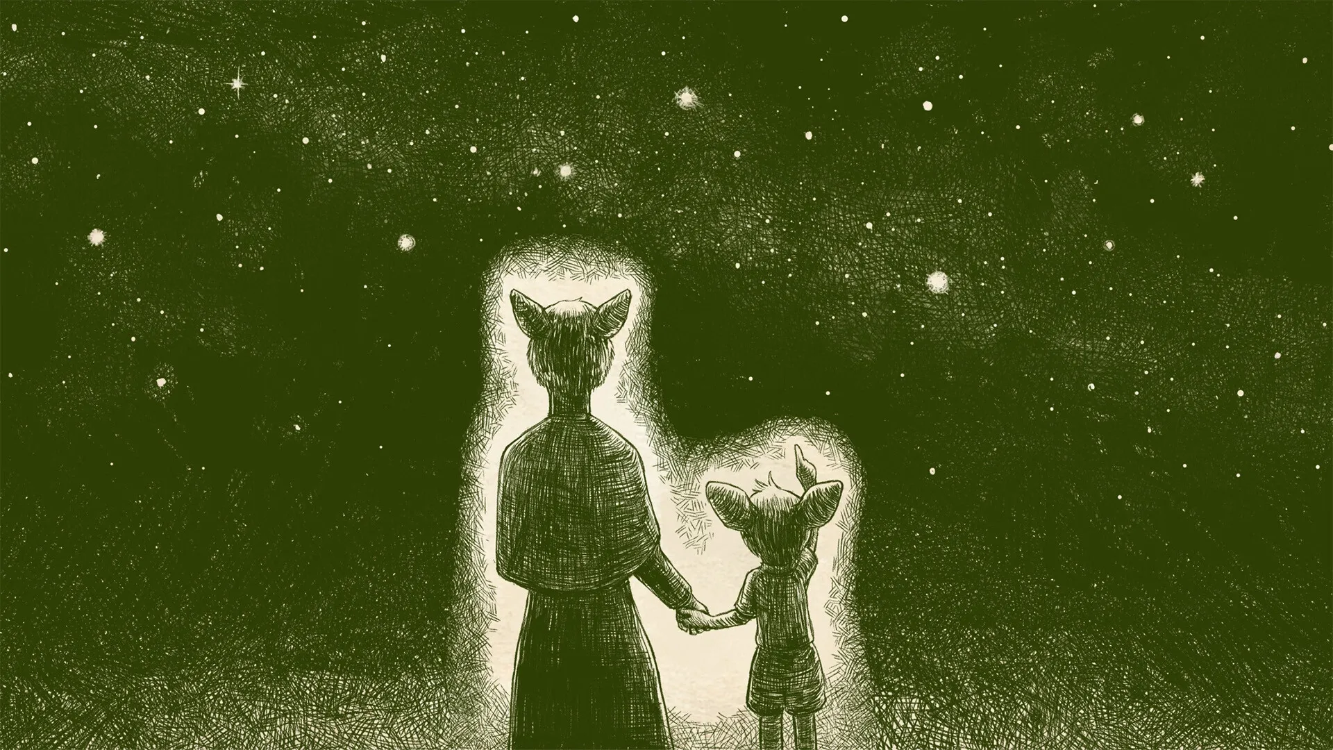 Schrödinger's Call: Two silhouetted figures with animal ears holding hands, gazing at a starry sky