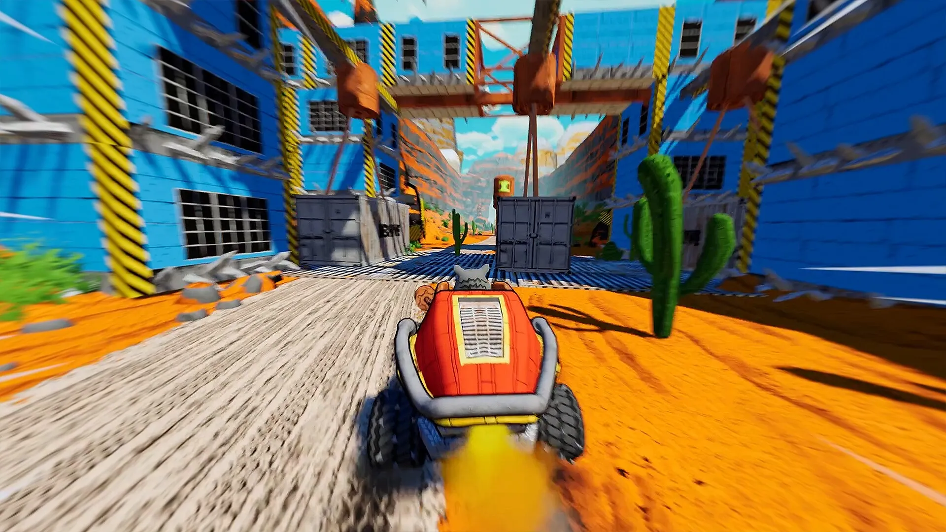 SCHROTT: Brightly colored vehicle racing through a desert canyon with obstacles and industrial structures.