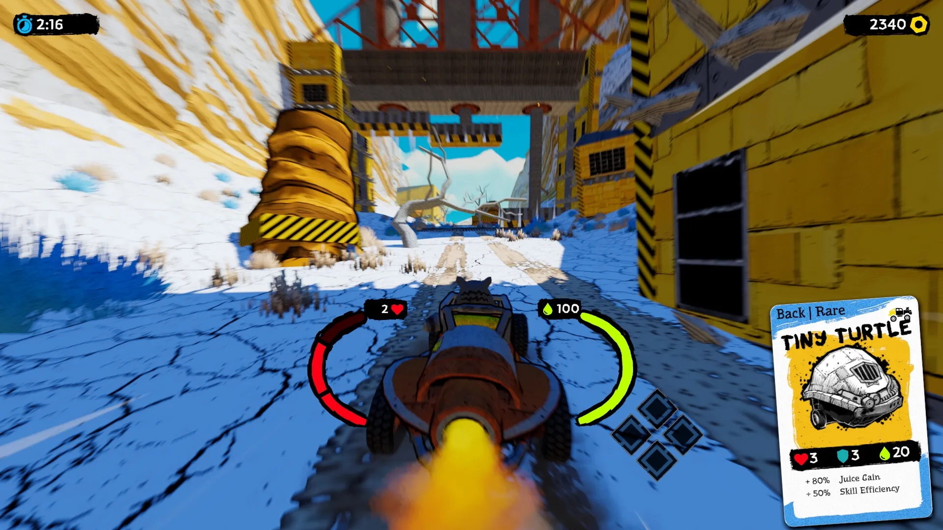 SCHROTT: Racing through industrial canyon with health, fuel gauges and a "Tiny Turtle" card overlay visible.