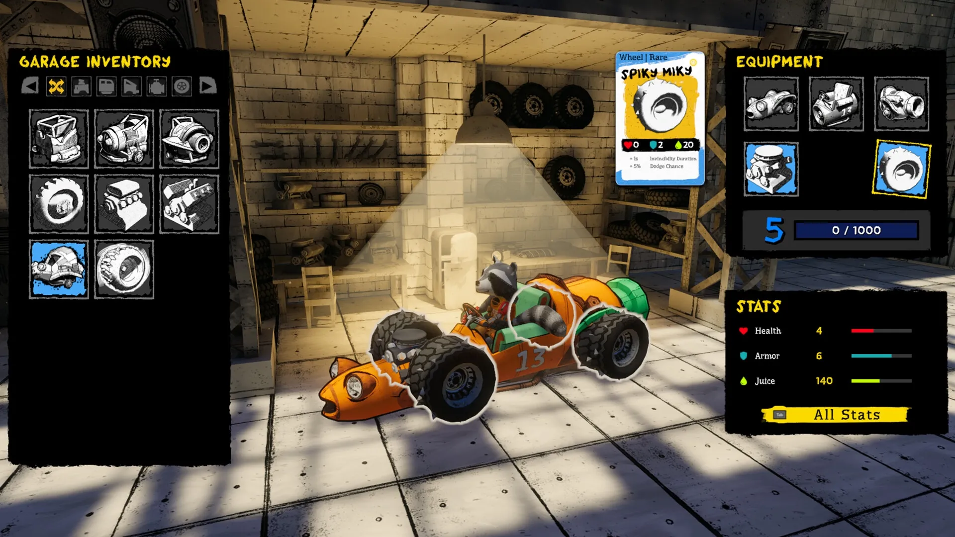 SCHROTT: Customizing vehicle in garage, showing inventory, equipment, and stats for character setup.