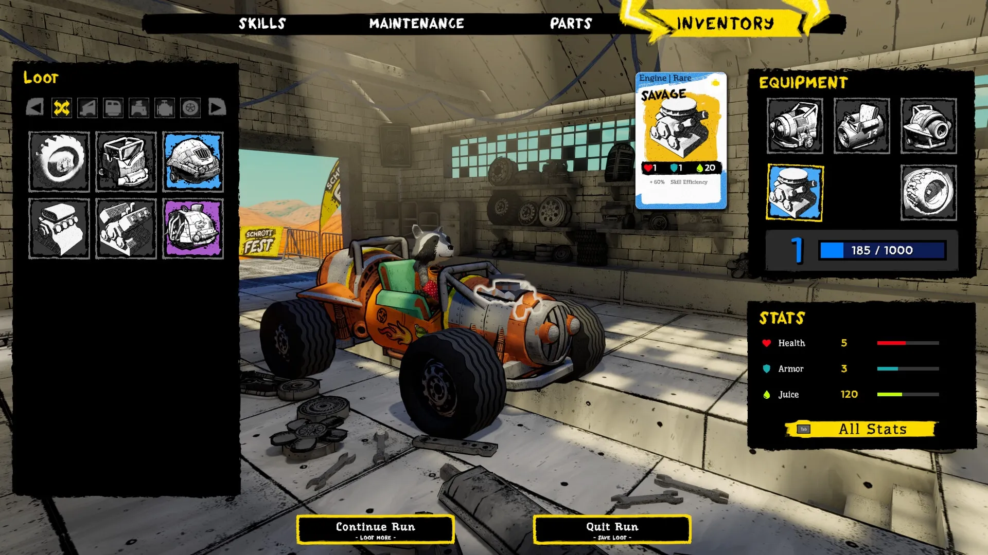 SCHROTT: Vehicle customization menu in garage with loot options, equipment stats, and a raccoon driver.