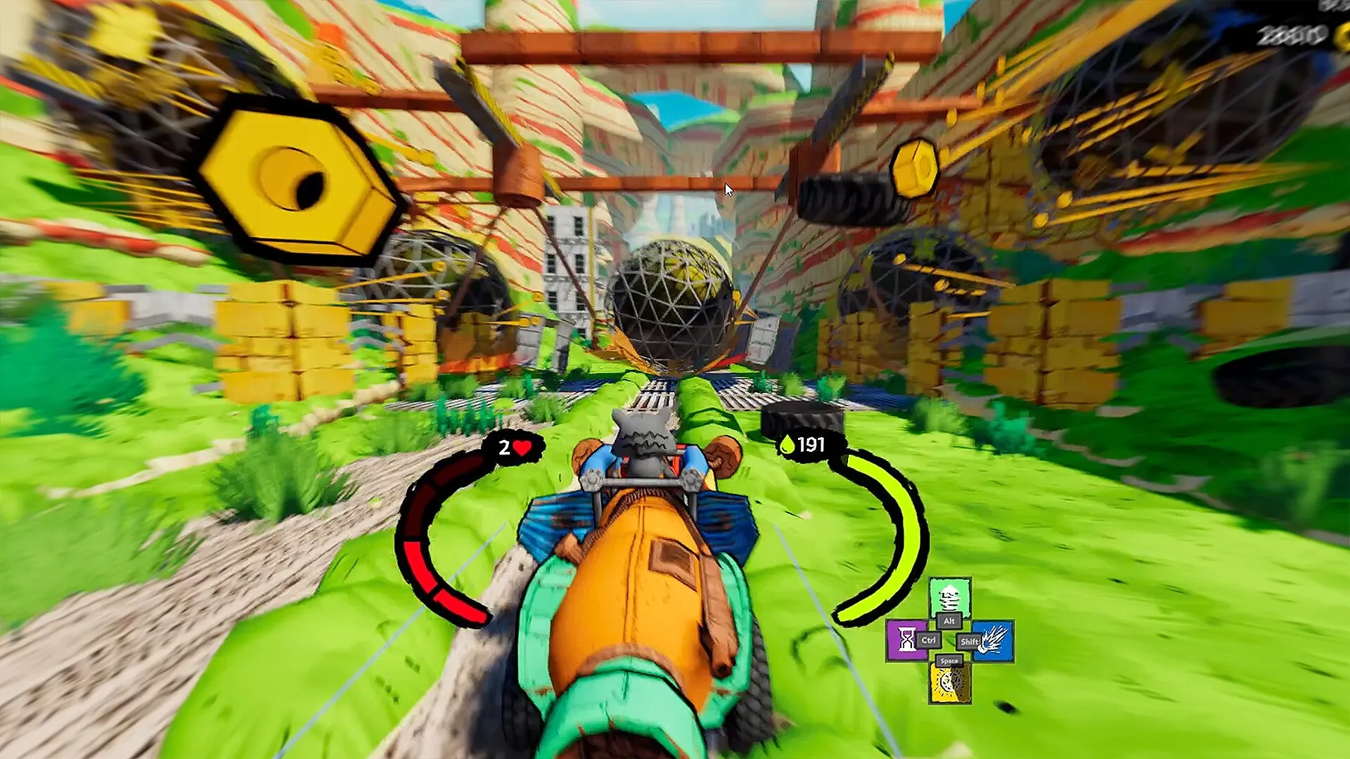 SCHROTT: Driving through canyon with obstacles, player vehicle dodging spikes, HUD shows health and speed