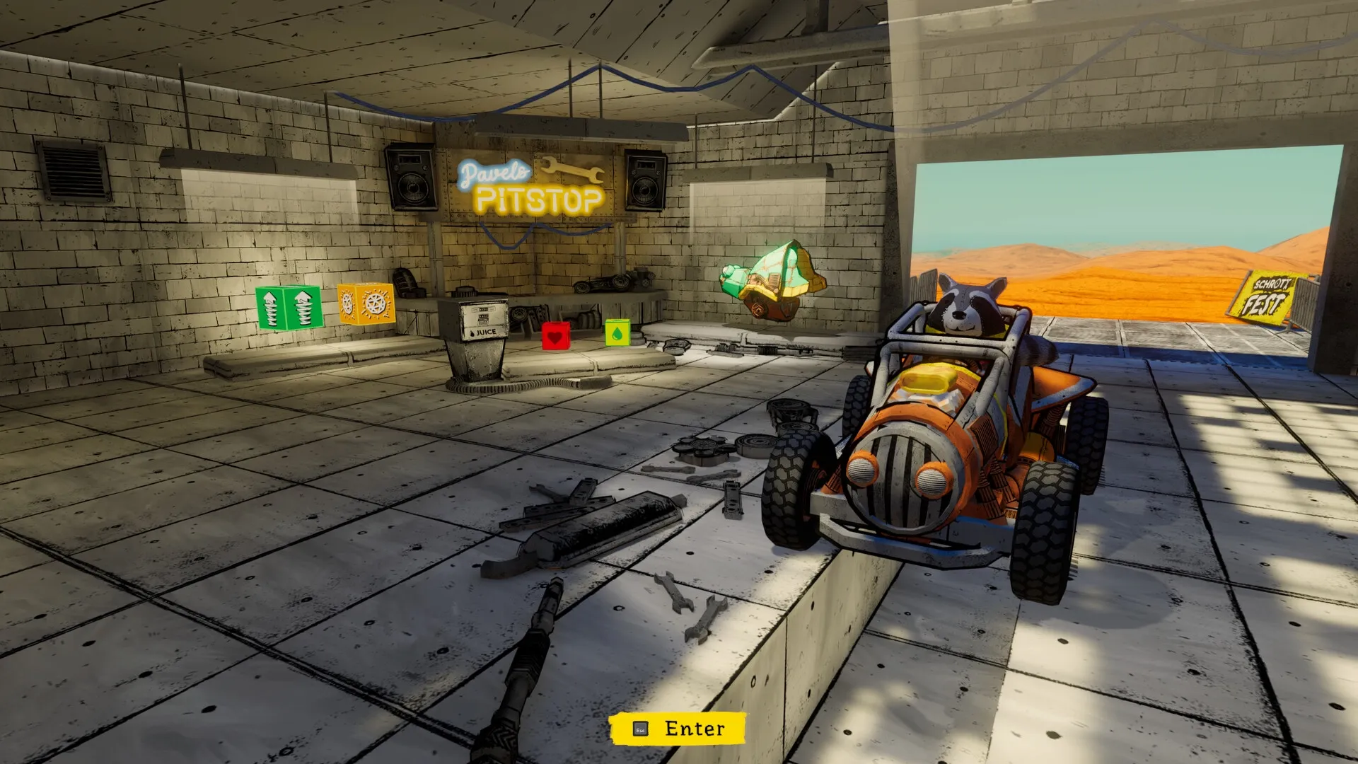 SCHROTT: Vehicle customization pitstop with raccoon driver, tool icons, and desert landscape outside.