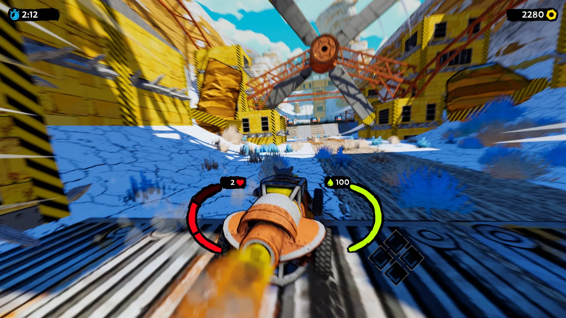 SCHROTT: Player drives through industrial area with health and fuel gauges displayed on screen.