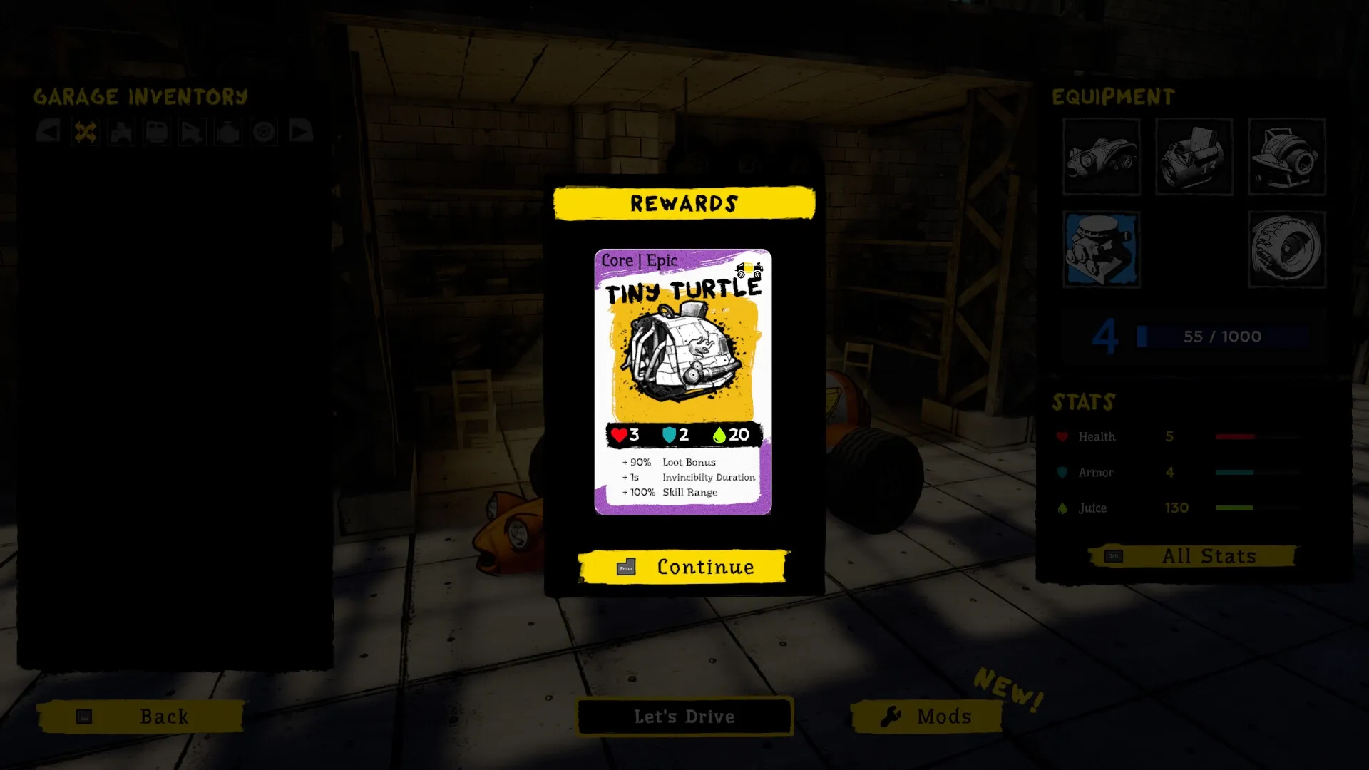 SCHROTT: Reward screen showing "Tiny Turtle" epic core card with stats in a dimly lit garage setting.
