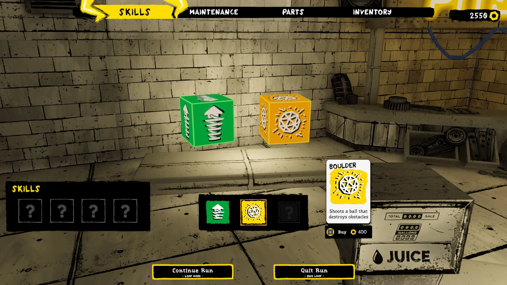 SCHROTT: Skill selection menu with options "Spring" and "Boulder" in a workshop environment.