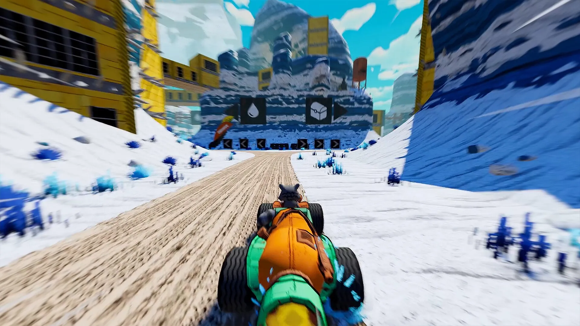 SCHROTT: Driving through snowy canyon with colorful buildings and a raccoon character in a custom vehicle