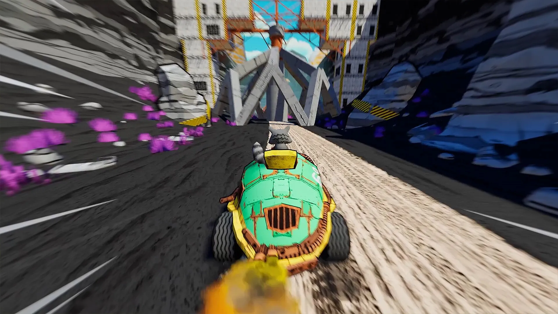SCHROTT: Custom vehicle speeds through canyon with obstacles, purple hazards, and industrial structures.