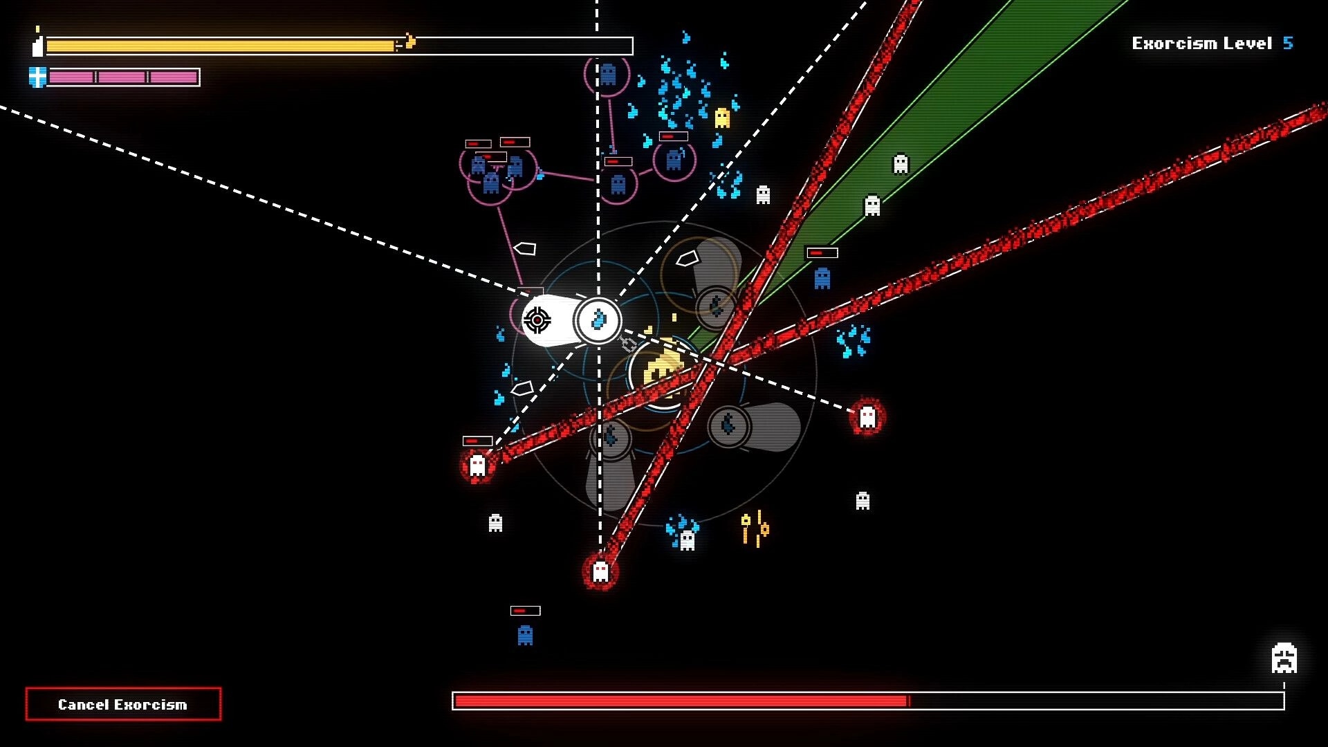 SCOPECREEP: Exorcism Level 5 battle with ghosts and red beams around a central altar on dark map UI.