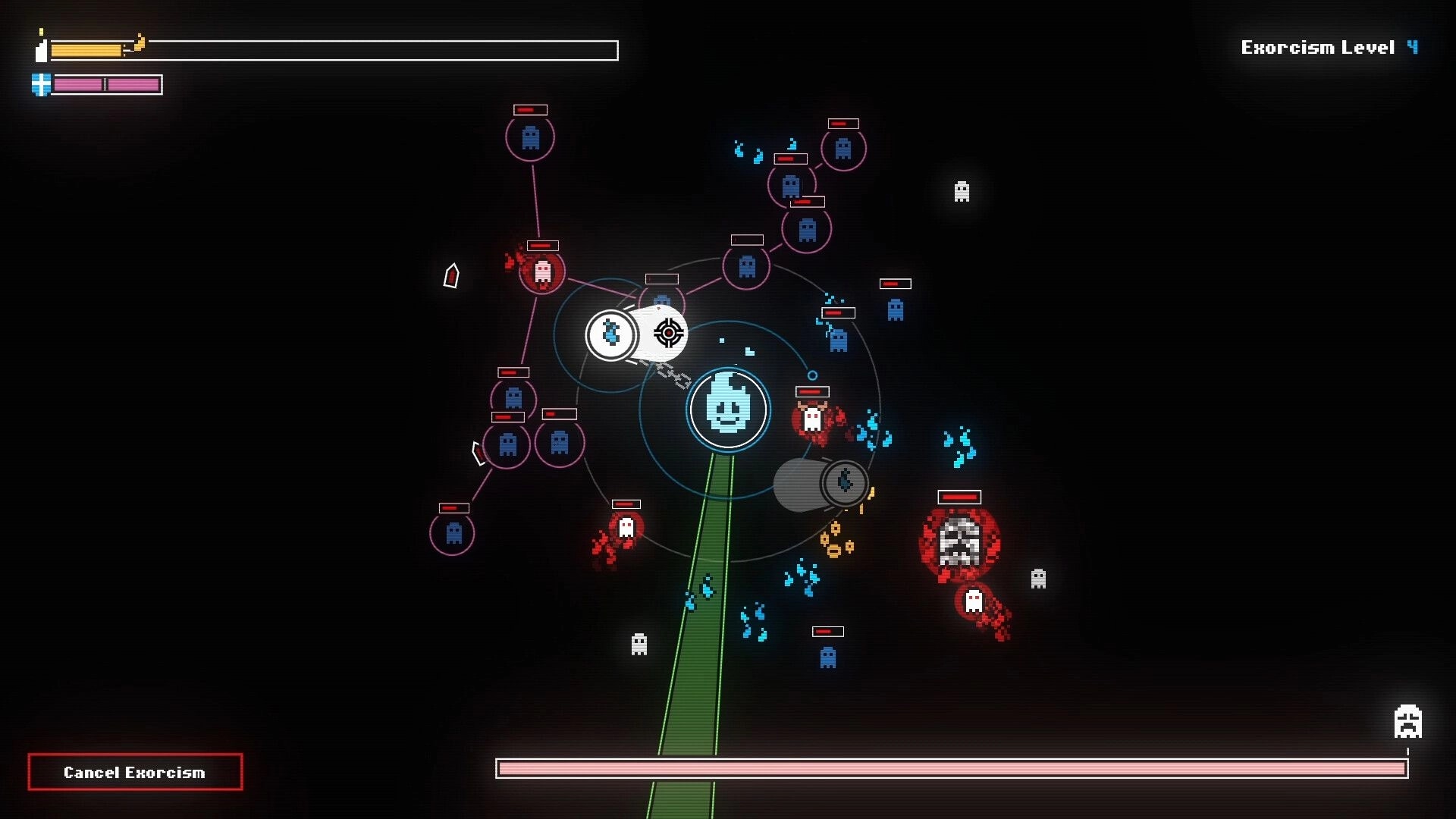 SCOPECREEP: Exorcism battle UI with blue spirit core amid ghost nodes, Exorcism Level 4 map.