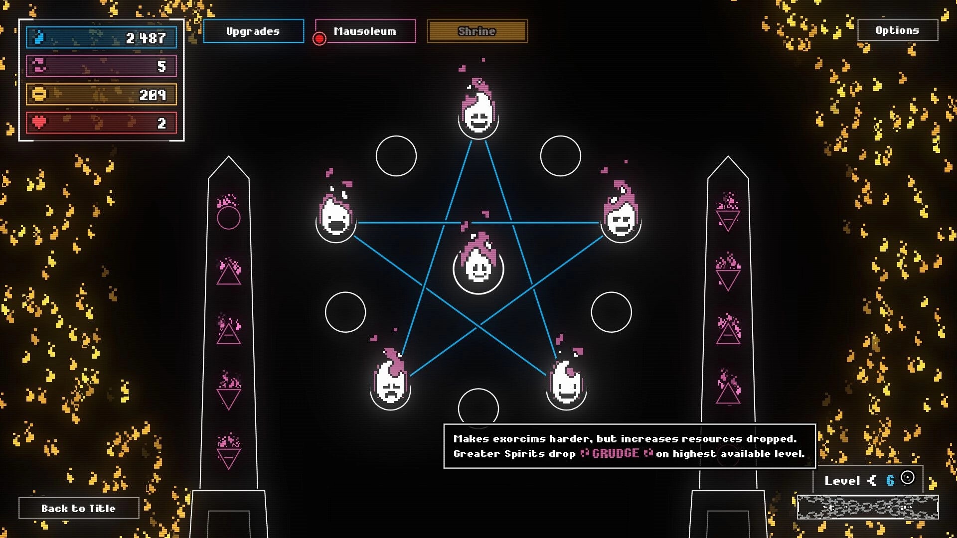 SCOPECREEP: Mausoleum upgrade screen with spirit icons linked by a pentagram and resource counters UI.