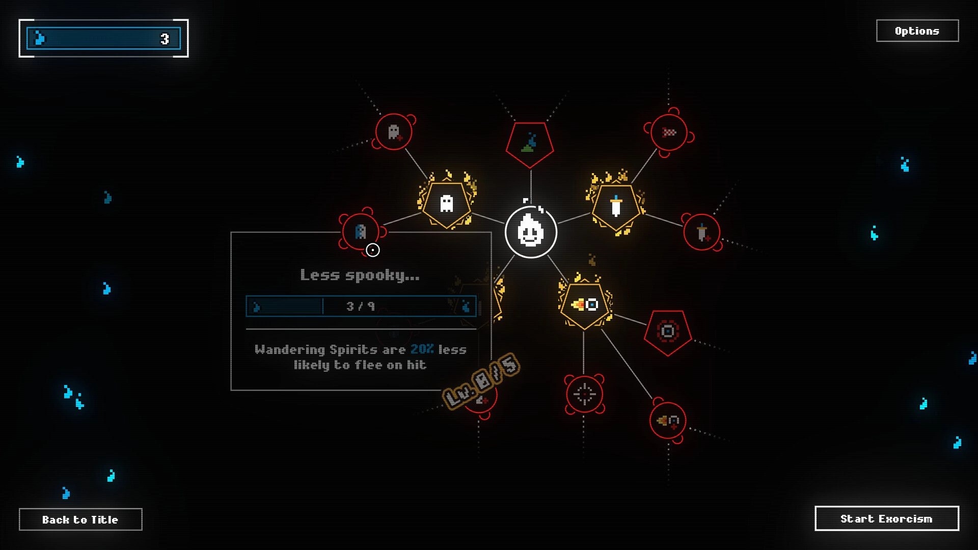 SCOPECREEP: Upgrade skill tree with perk tooltip “Less spooky...” and Start Exorcism button on dark UI.