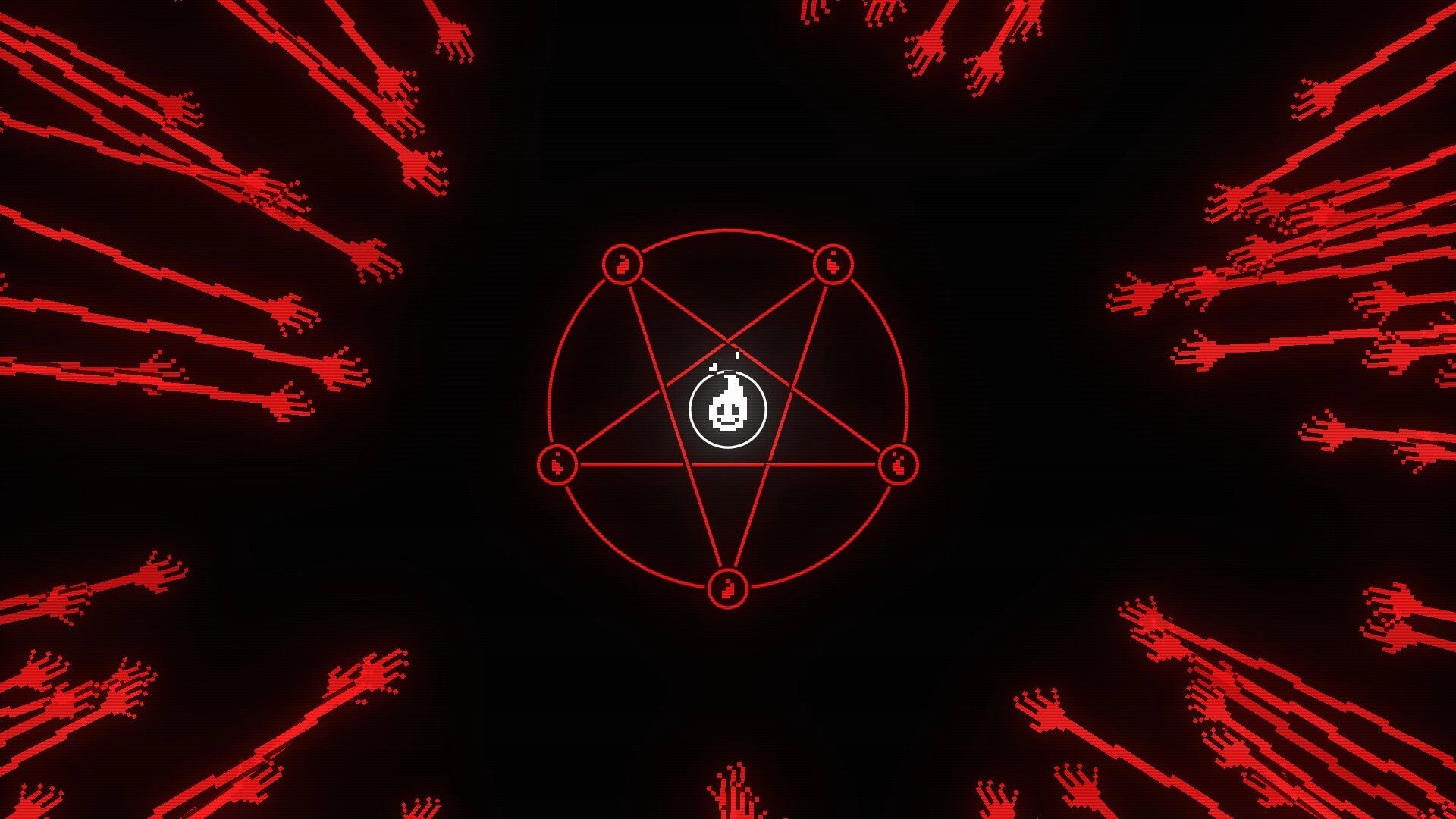 SCOPECREEP: Red ritual circle UI with skull icon center, surrounded by grasping red hands on black.