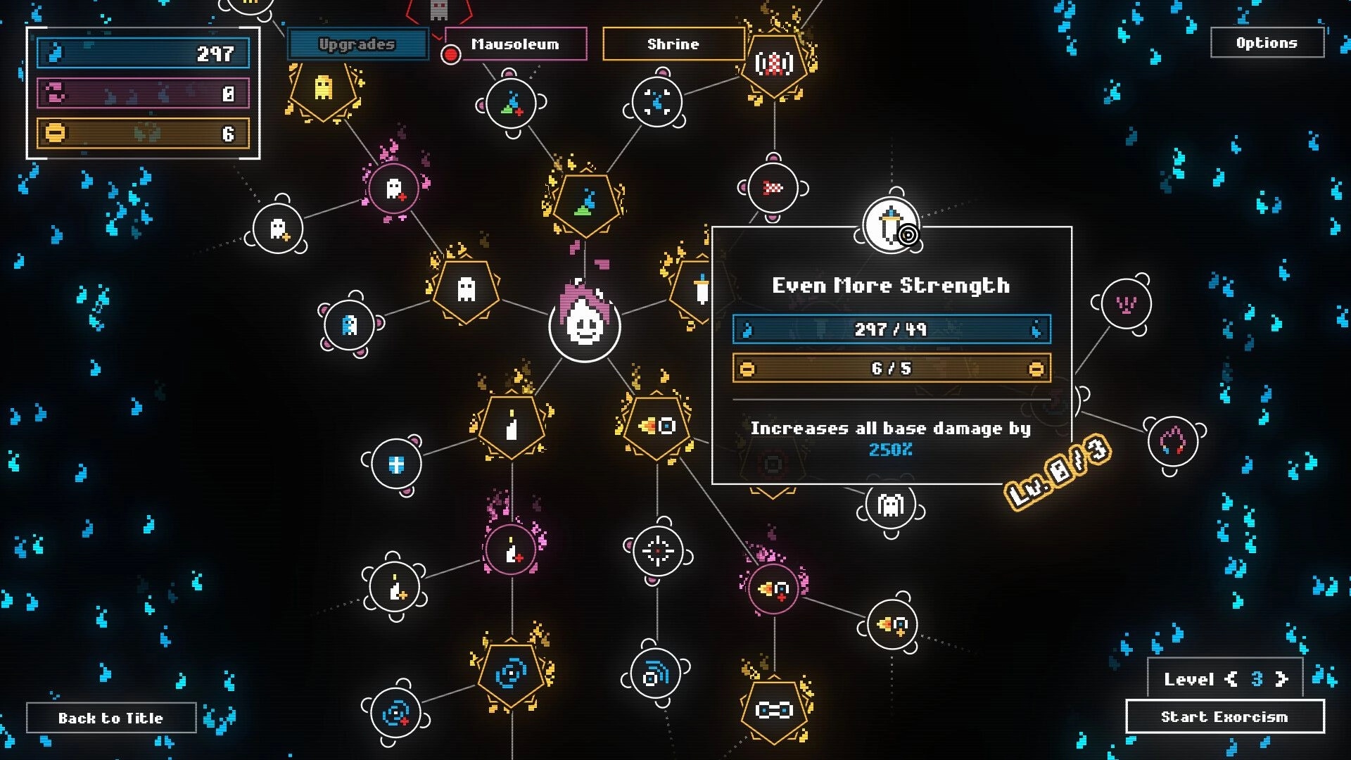 SCOPECREEP: Upgrade skill tree with nodes and tooltip “Even More Strength” on dark grid map.
