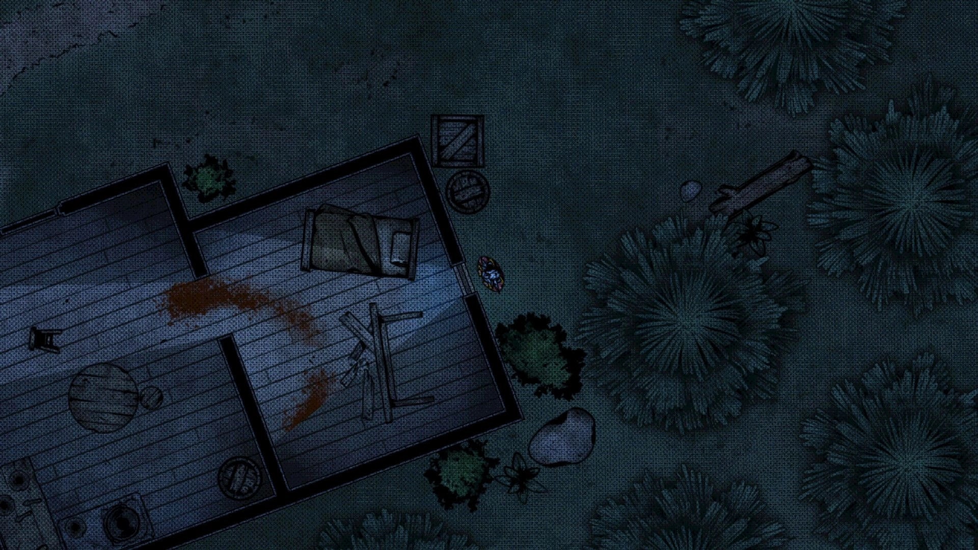 Scorched Sun: Top-down character stands by a bloodstained wooden room amid dark shrubs and rocks.