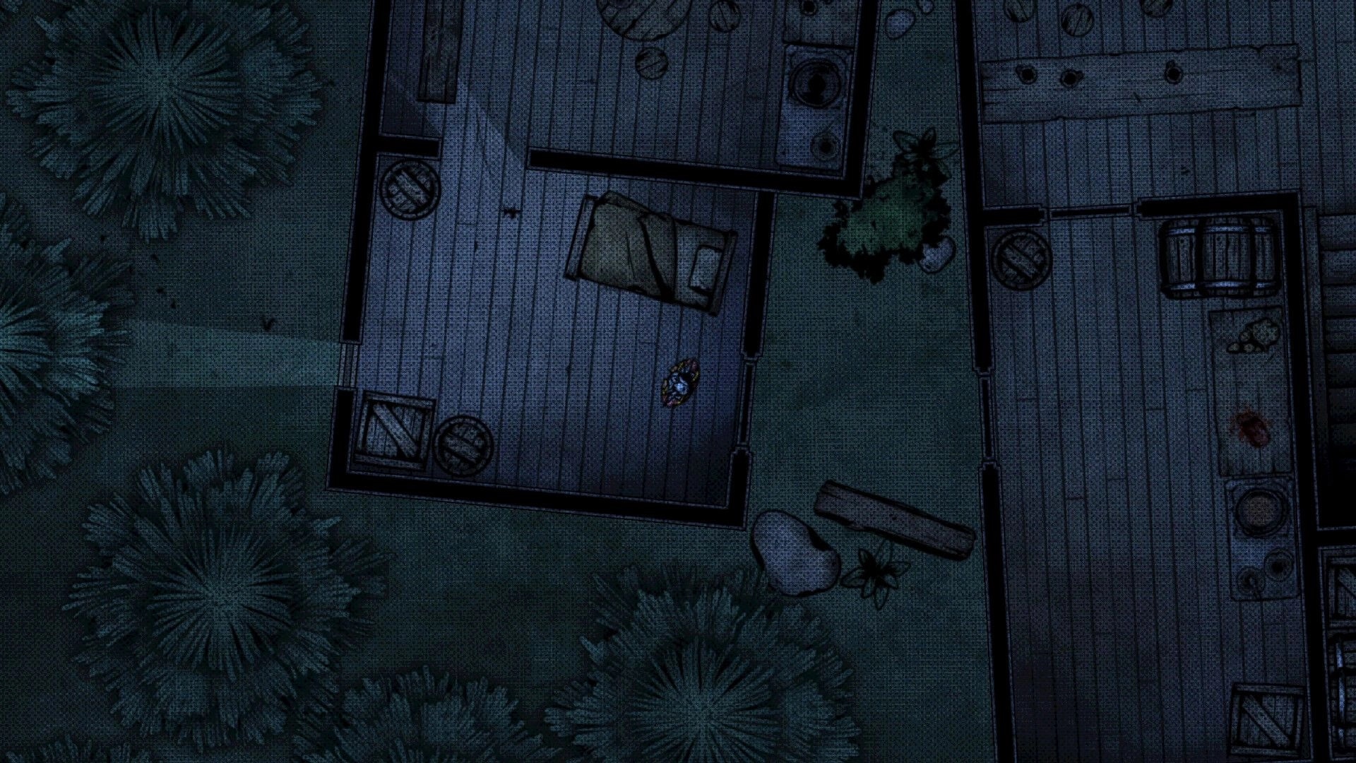 Scorched Sun: Top-down character explores wooden rooms with bed and crates beside dark shrubbery outdoors.